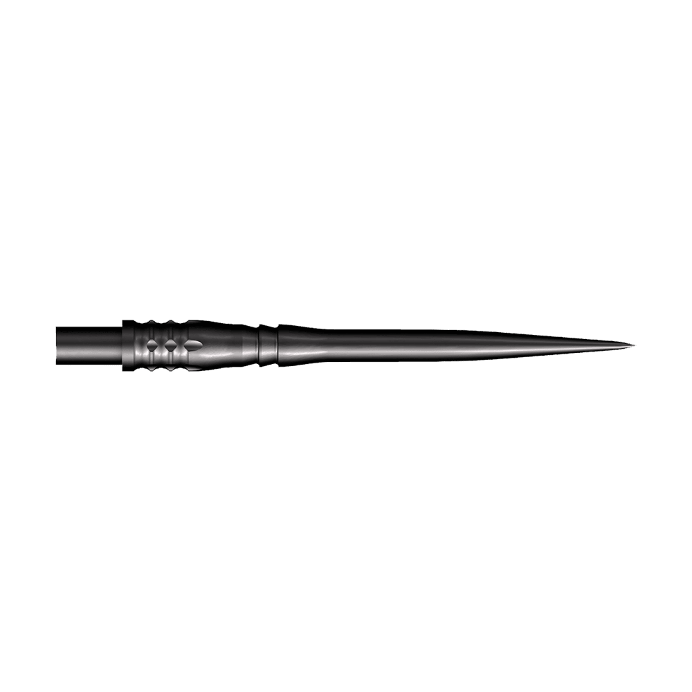 Shot Cone Rocket Steeldart-Spitzen - Schwarz - 35mm Das Bild zeigt eine schwarze Steeldart-Spitze mit einer Länge von 35 mm. Die Spitze hat ein schlankes, spitz zulaufendes Design und strukturierte Rillen am Schaft.