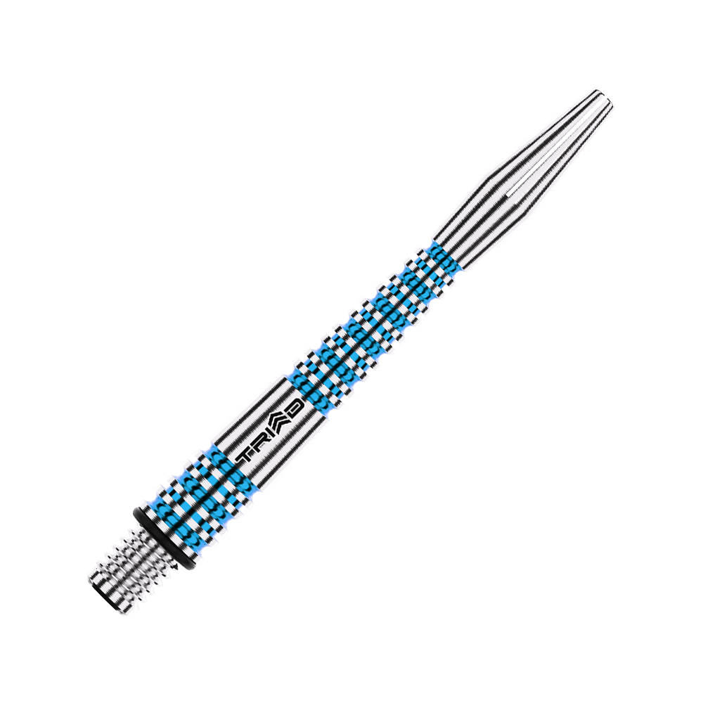 Winmau Triad RX Aluminium Shafts - Blau Das Bild zeigt einen blauen Aluminium-Dartshaft mit silbernen Rillen und der Aufschrift "TRIAD". Das Design ist modern und die Oberfläche wirkt griffig.