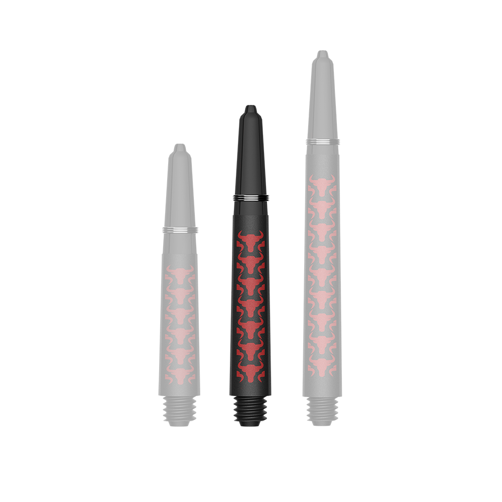 Das Foto zeigt einen BullsNL Capo Carbon Shaft in Rot und InBetween-Form, 38 mm lang. Dieses Dartzubehör ist speziell für Stabilität und Haltbarkeit konzipiert.