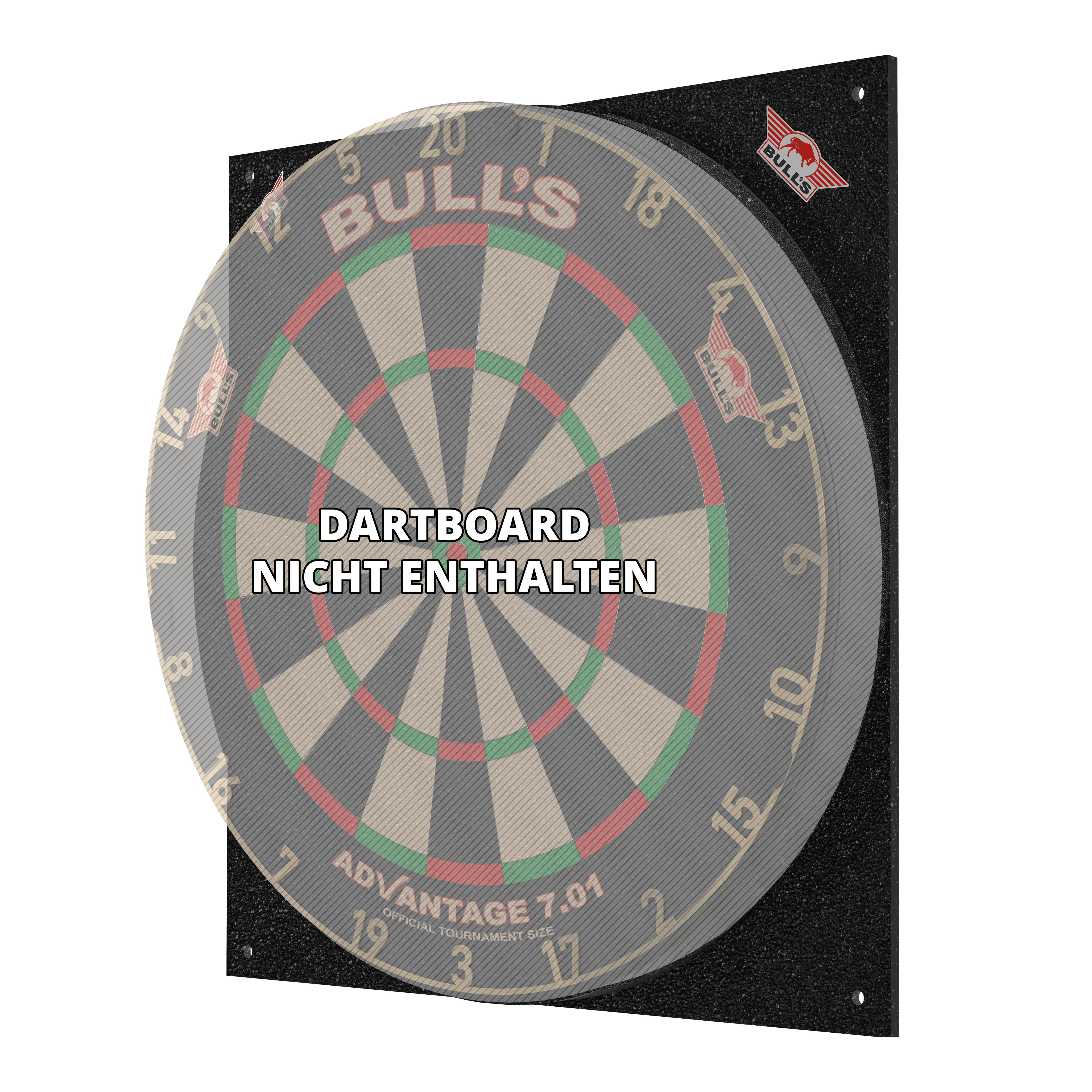 Bulls NL Dartboard Silencer Das Bild zeigt den Bulls NL Dartboard Silencer, ein schallreduzierendes Board für Dartspiele. Auf dem Bild steht, dass das Dartboard nicht enthalten ist.