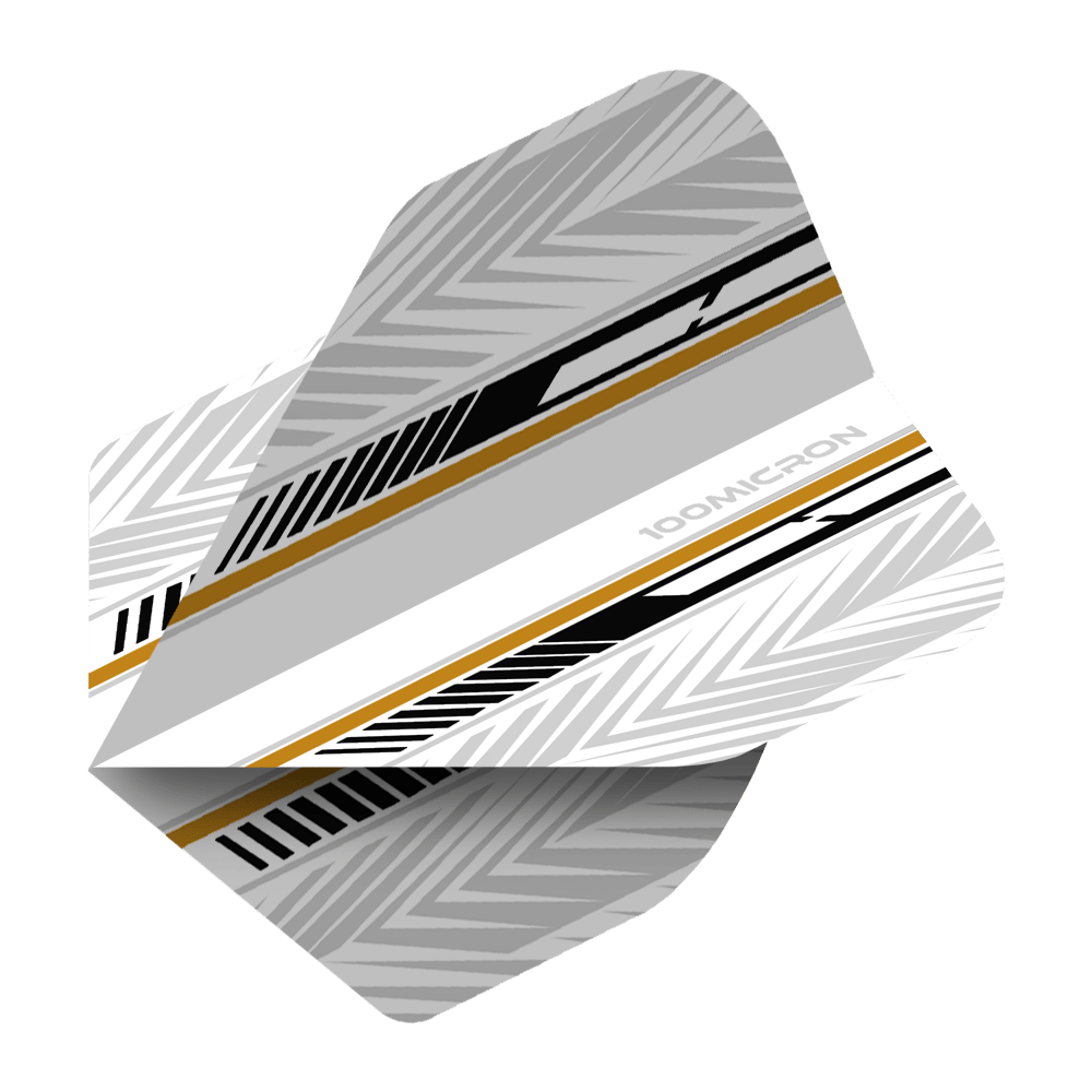 Pentathlon Flights weiß/schwarz/gold Das Bild zeigt ein Dartflight mit einem modernen Design in Weiß, Schwarz und Gold. Die Oberfläche ist mit geometrischen Mustern und Streifen verziert.