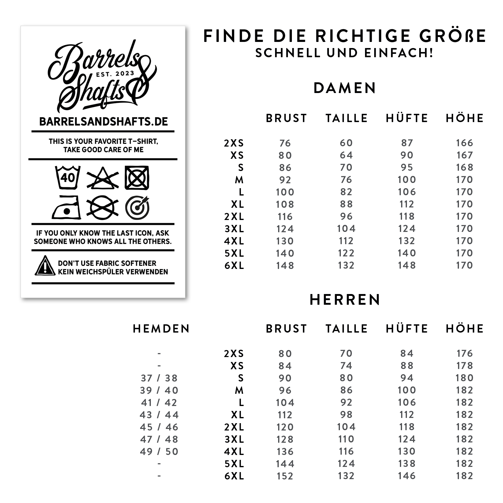Barrels and Shafts Poloshirt - Schwarz Das Bild zeigt eine Größentabelle für das Produkt „Barrels and Shafts Poloshirt – Schwarz“ für Damen und Herren. Links sind Pflegehinweise für das T-Shirt abgebildet.