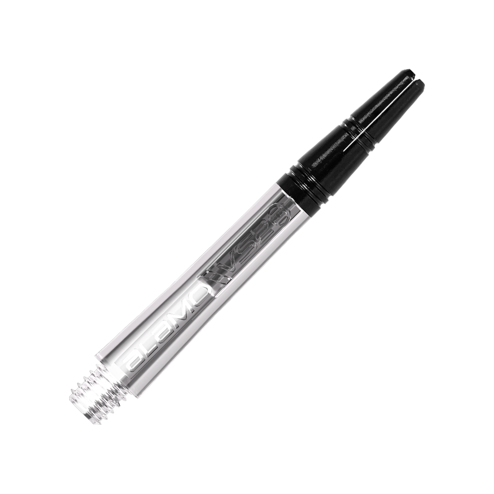 Harrows Alamo VS2 Shafts - Clear Das Bild zeigt einen transparenten Dart-Schaft mit schwarzem oberen Teil. Auf dem Schaft steht der Schriftzug „Alamo VS2“.