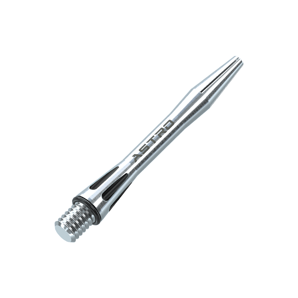 Das Bild zeigt einen silbernen Winmau Astro Aluminium Schaft für Dartpfeile. Der Schaft ist schlank designt und trägt die Aufschrift "ASTRO".