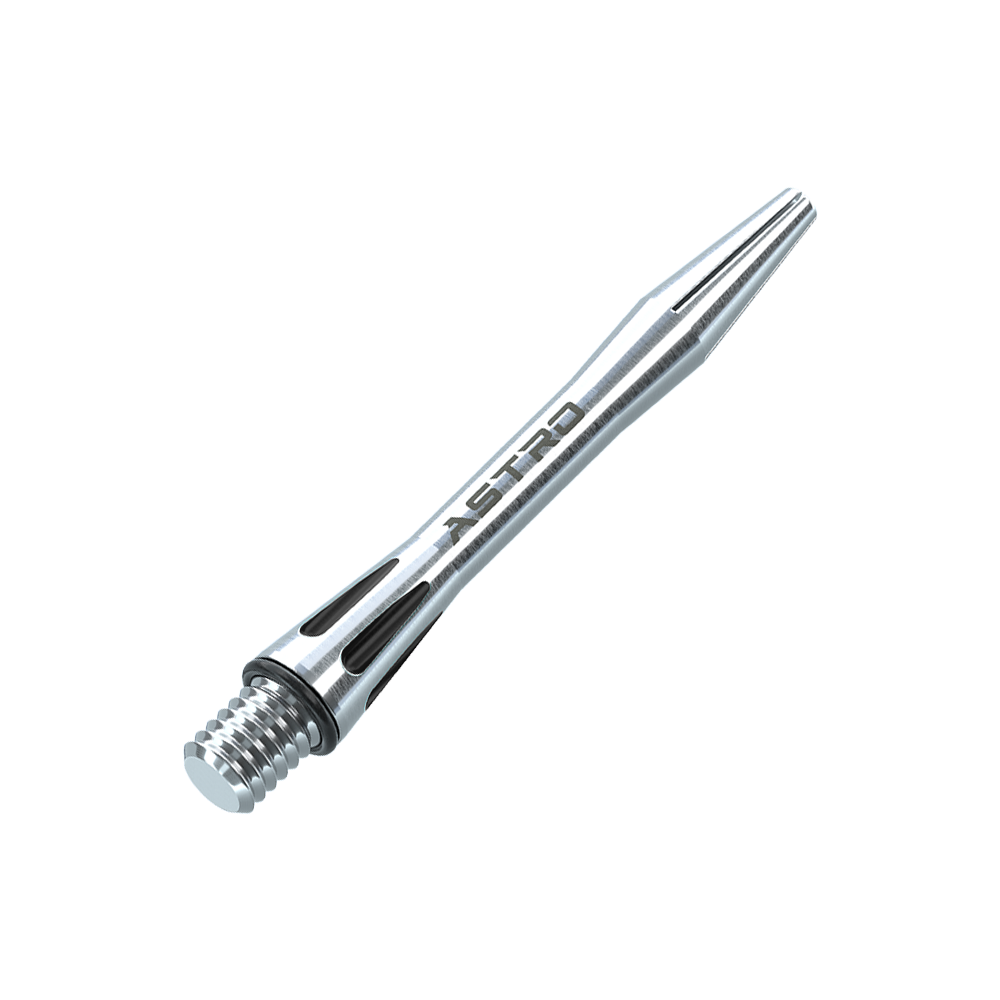 7012-101_Winmau_Astro_Aluminium_Shafts_Schwarz_35mm_2 Das Bild zeigt einen silbernen Winmau Astro Aluminium Schaft für Dartpfeile. Der Schaft ist schlank designt und trägt die Aufschrift "ASTRO".