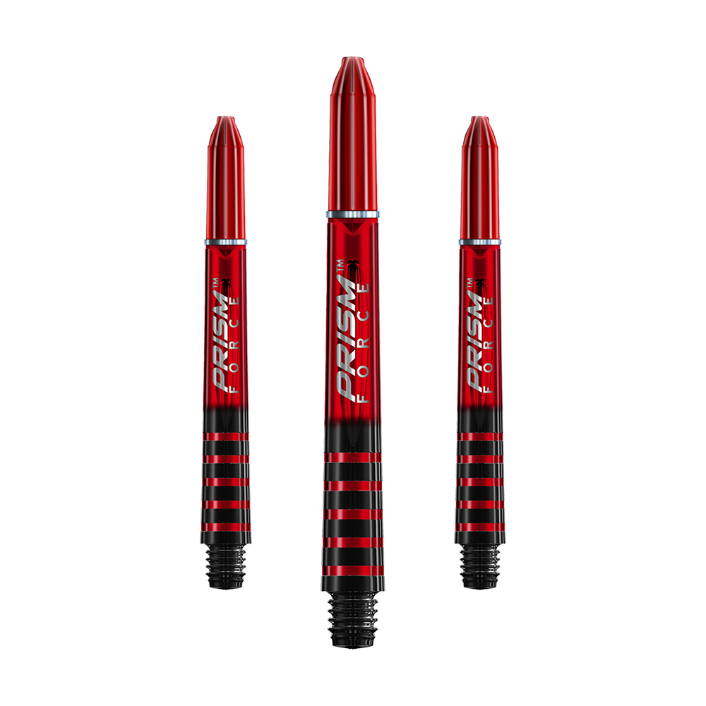 7020-404_Winmau_Prism_Force_Shafts_Rot_41mm_1 Das Bild zeigt drei rote Winmau Prism Force Shafts für Darts. Die Shafts haben ein schwarzes Streifenmuster und den Schriftzug "Prism Force" in Weiß.
