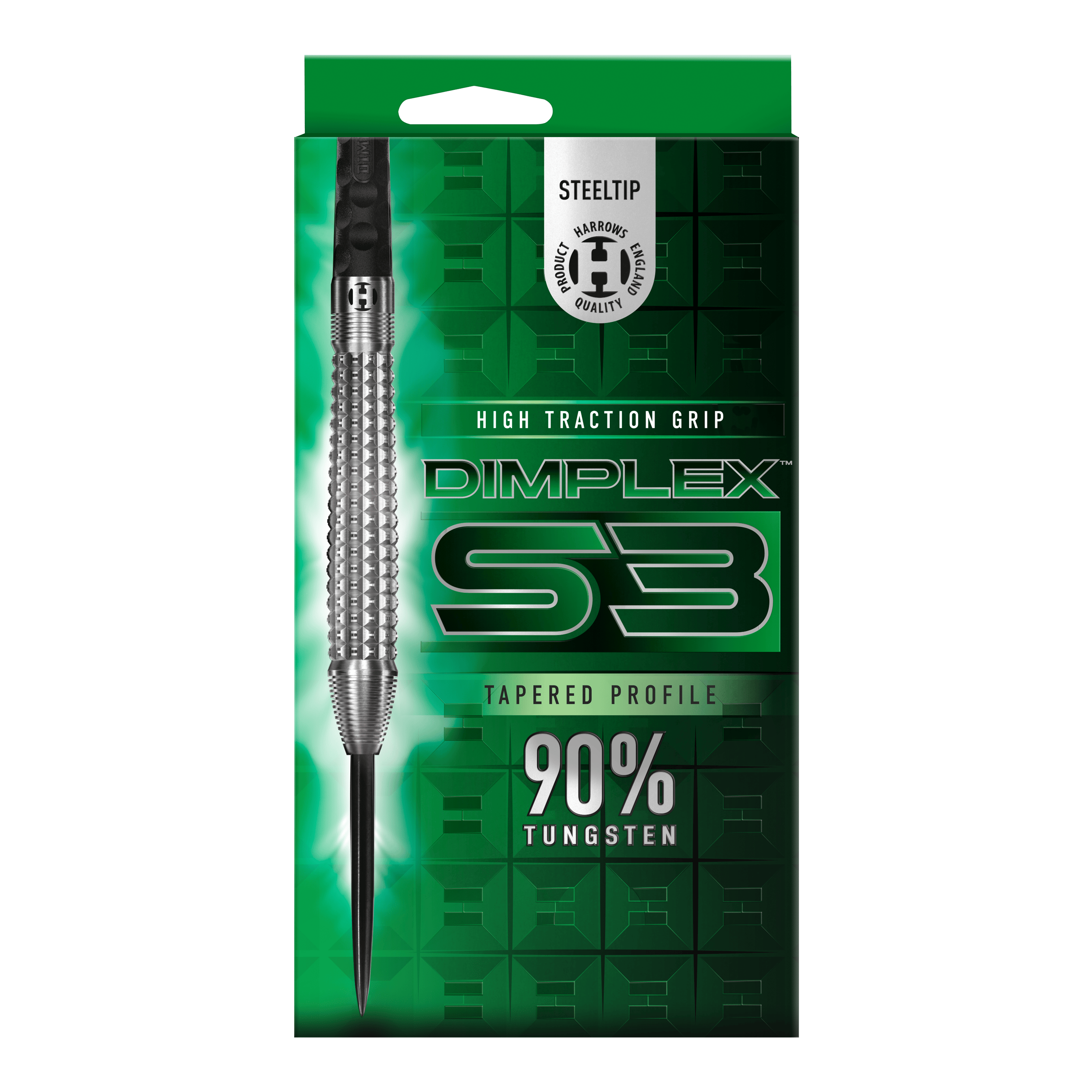 Harrows Dimplex S3 Tapered Steeldarts Mehrere Harrows Dimplex S3 Tapered Steeldarts sind aus verschiedenen Blickwinkeln zu sehen. Die Darts sind farbig gestaltet.