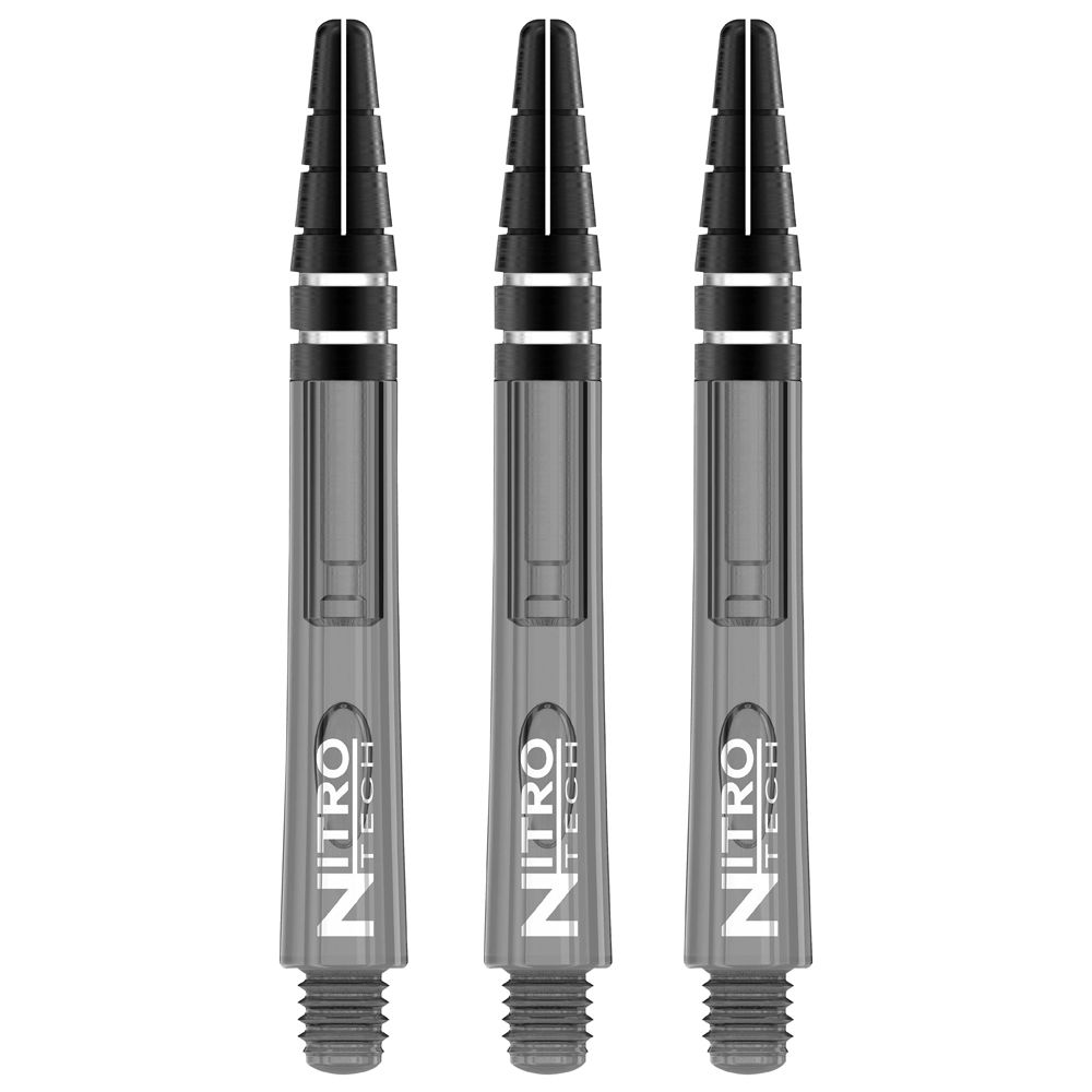 Das Bild zeigt drei RedDragon Nitrotech Shafts in schwarzer Tönung. Sie stehen nebeneinander und sind für Dartpfeile gedacht.