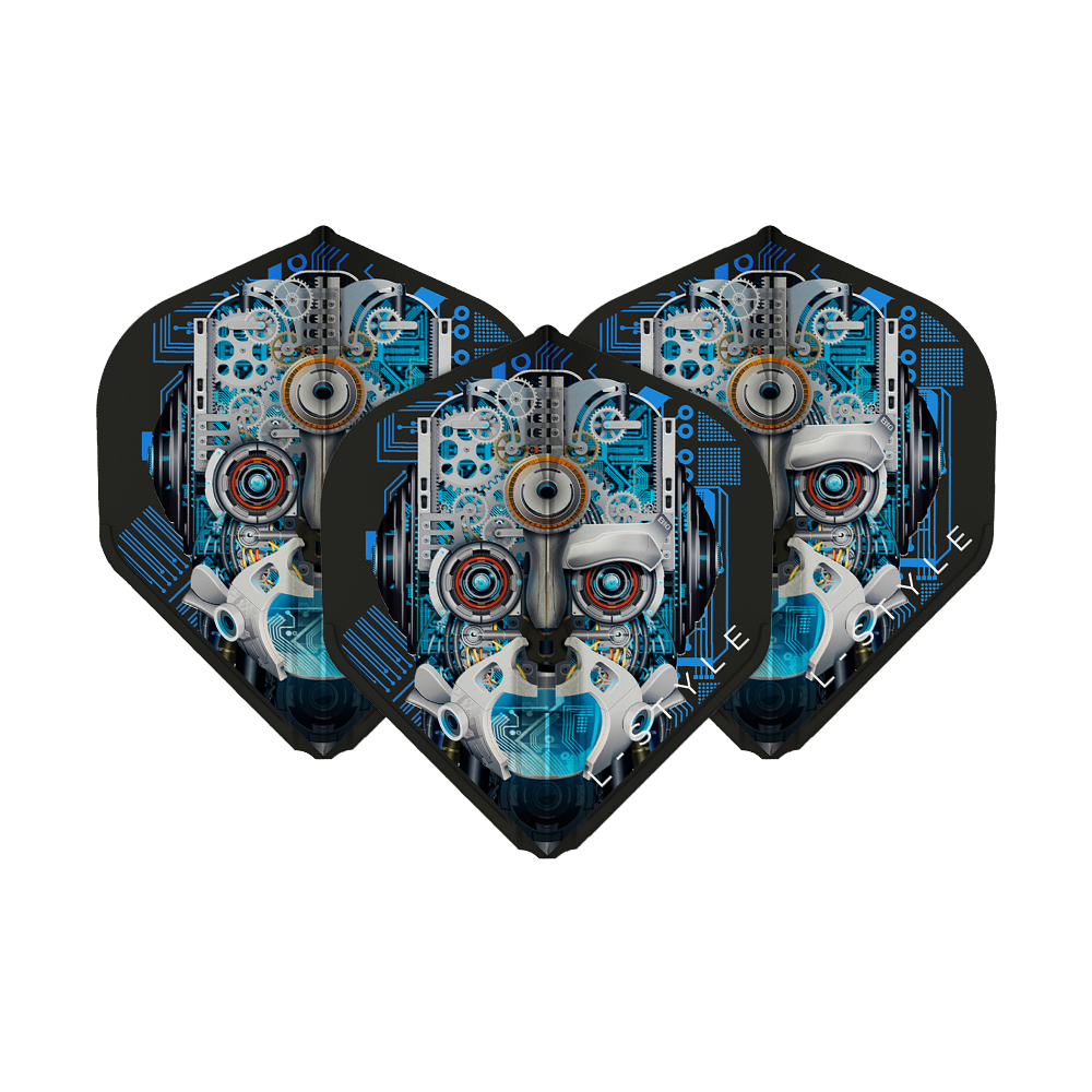 L-Style Berry Van Peer V3 Black L1EZ Flights Das Bild zeigt drei schwarze Dart-Flights mit einem auffälligen, technischen Roboter-Gesicht als Design. Die Flights sind das Modell "L-Style Berry Van Peer V3 Black L1EZ".