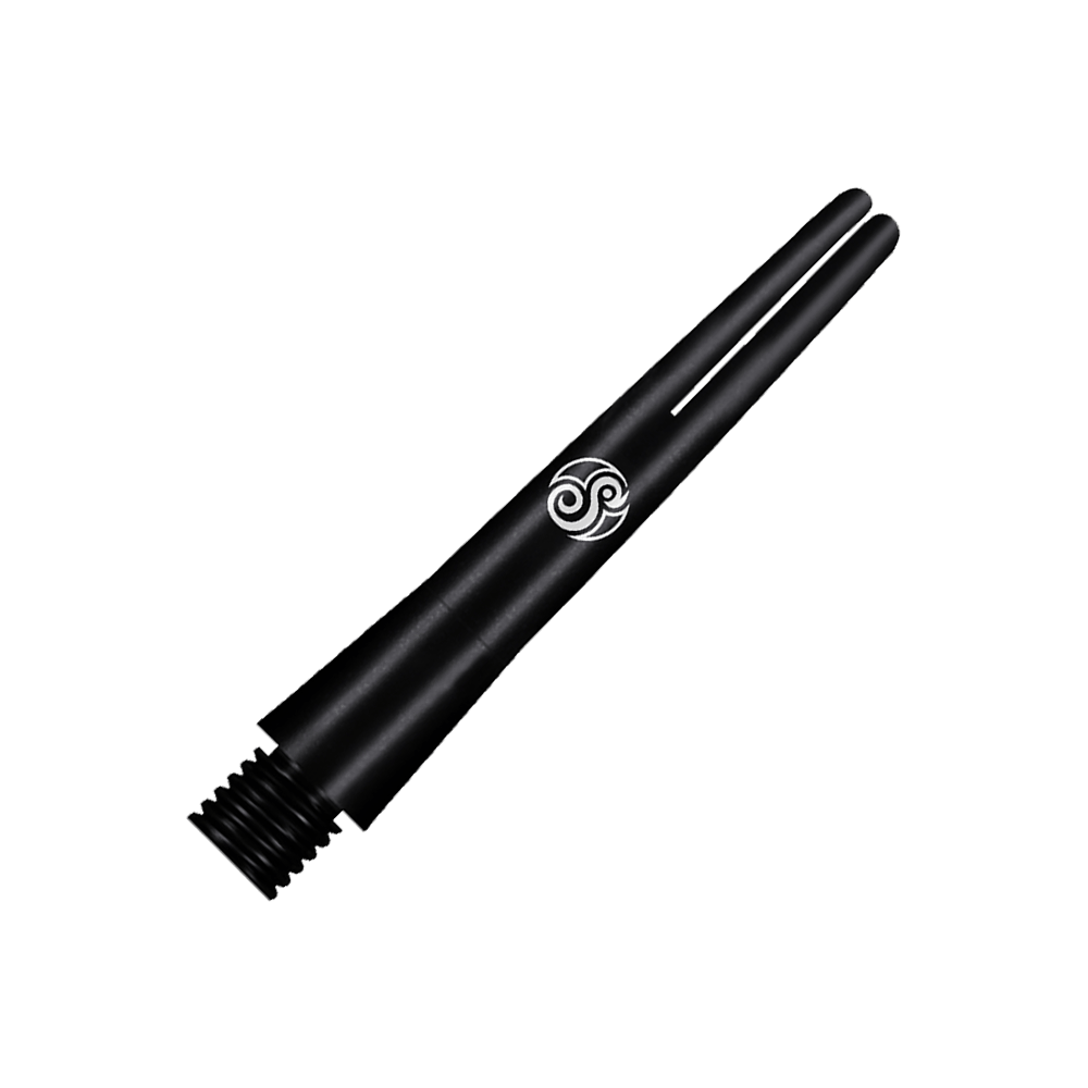 SM3809-S_Shot_Aluminium_Shafts_Black_35mm_2 Dies ist ein schwarzer Aluminiumschaft für Darts. Er hat ein elegantes Design mit einem weißen Logo in der Mitte.