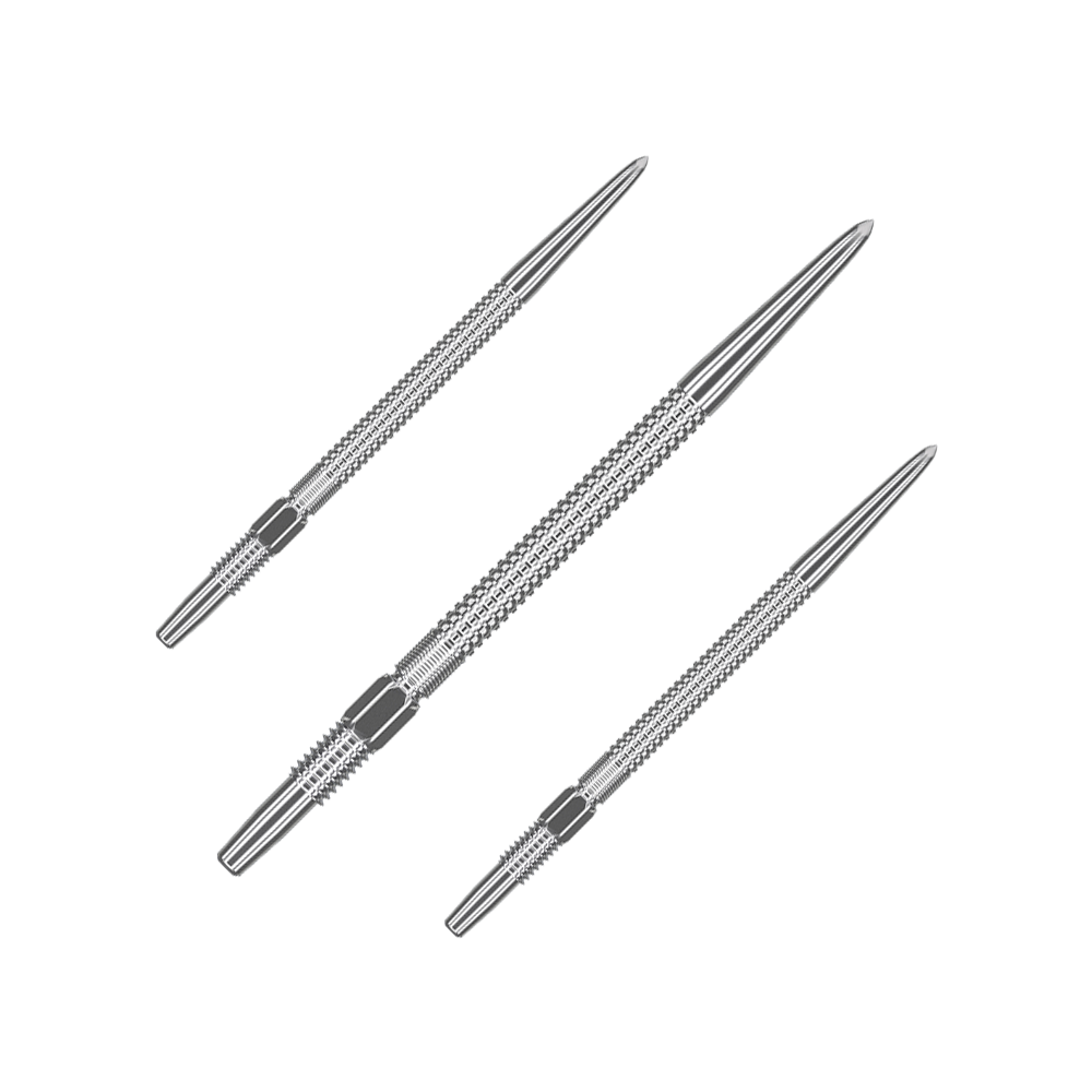 Das Bild zeigt drei silberne Dartspitzen des Produkts „Target Swiss Point GRD Silver Dartspitzen“. Die Spitzen sind länglich, metallisch und haben eine geriffelte Oberfläche für besseren Halt.