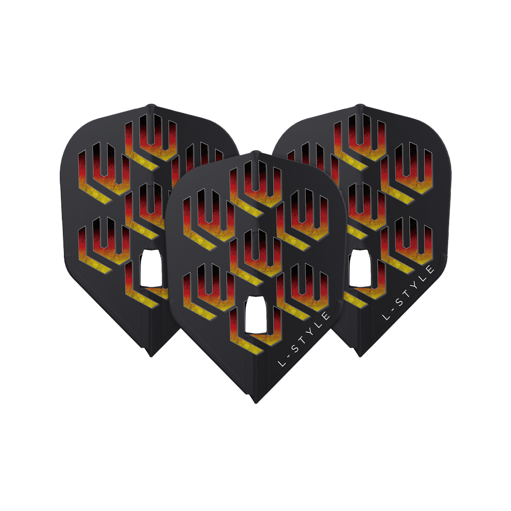 L-Style Lukas Wenig V1 Black L3PRO Flights Das Bild zeigt drei schwarze Dart-Flights mit einem auffälligen roten und gelben Muster. Auf jedem Flight steht unten rechts das Wort "L-STYLE".