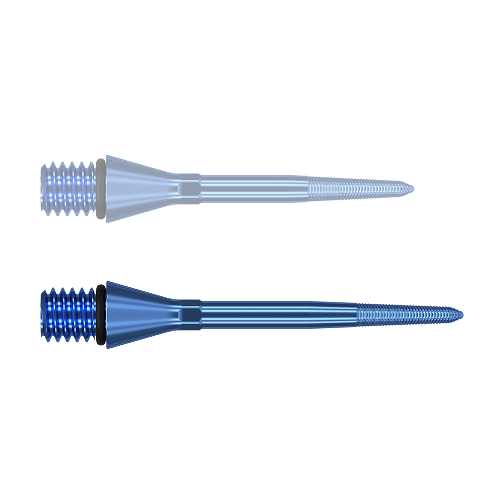 Das Bild zeigt zwei blaue, spitz zulaufende Metallspitzen mit Schraubgewinde am Ende. Sie sind identisch und nebeneinander ausgerichtet.