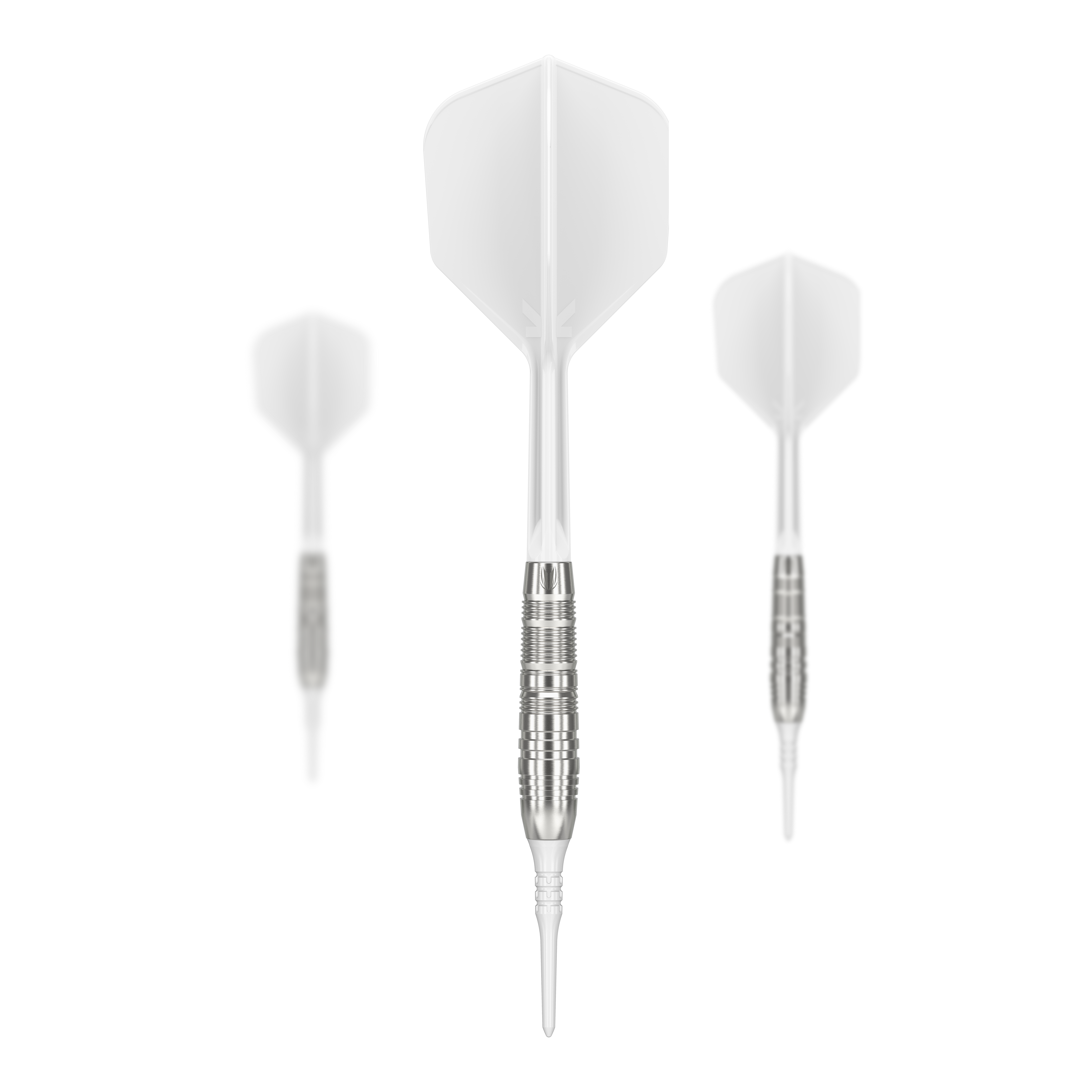Target Japan Crux Trust Softdarts - 17g Das Bild zeigt drei weiße Softdarts des Produkts „Target Japan Crux Trust Softdarts - 17g“. Die Darts haben silberne Griffe und weiße Flights.