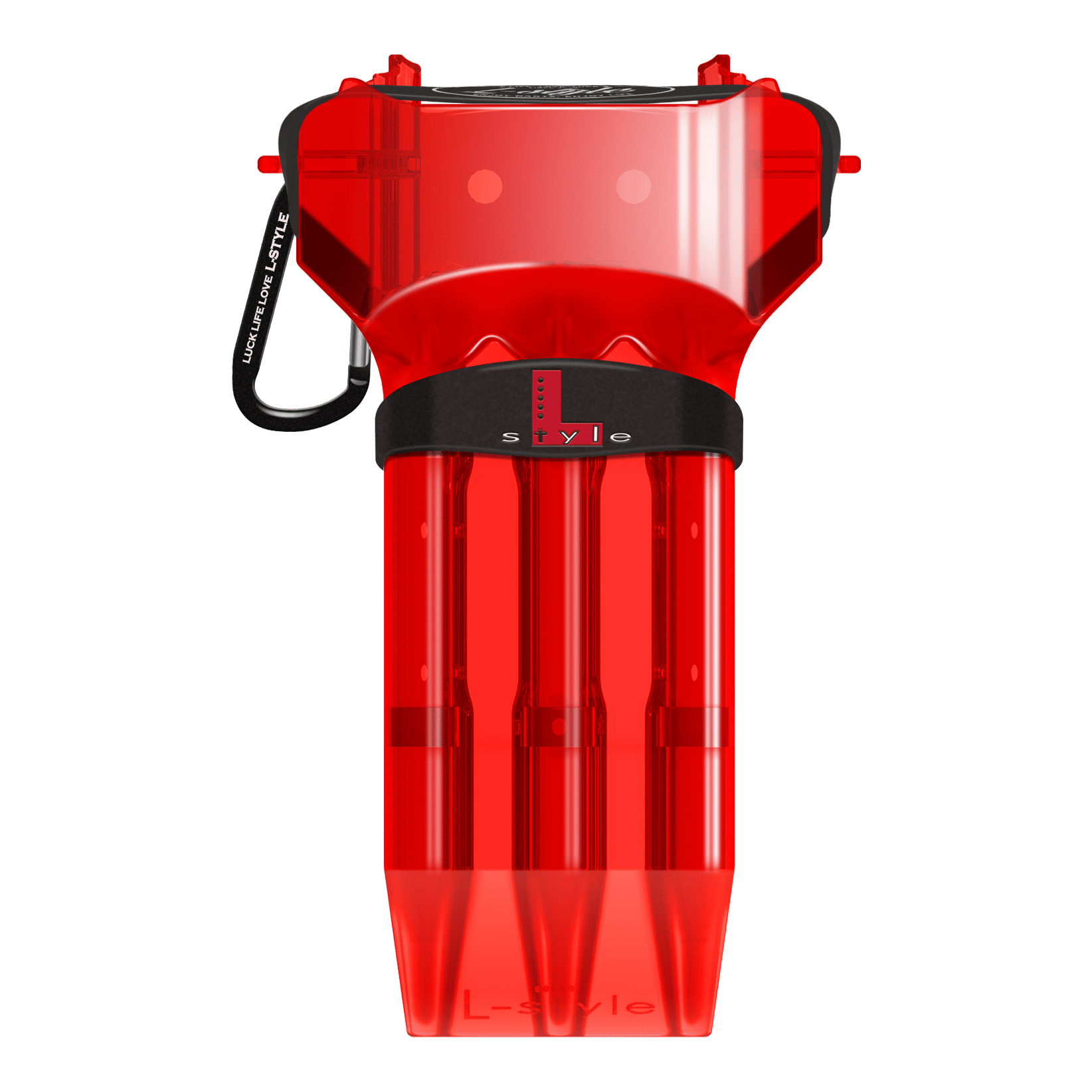 Das Bild zeigt ein rotes Dart-Etui aus Kunststoff. Es hat Platz für drei Darts und ist mit einem schwarzen Band versehen, auf dem "L-Style" steht.