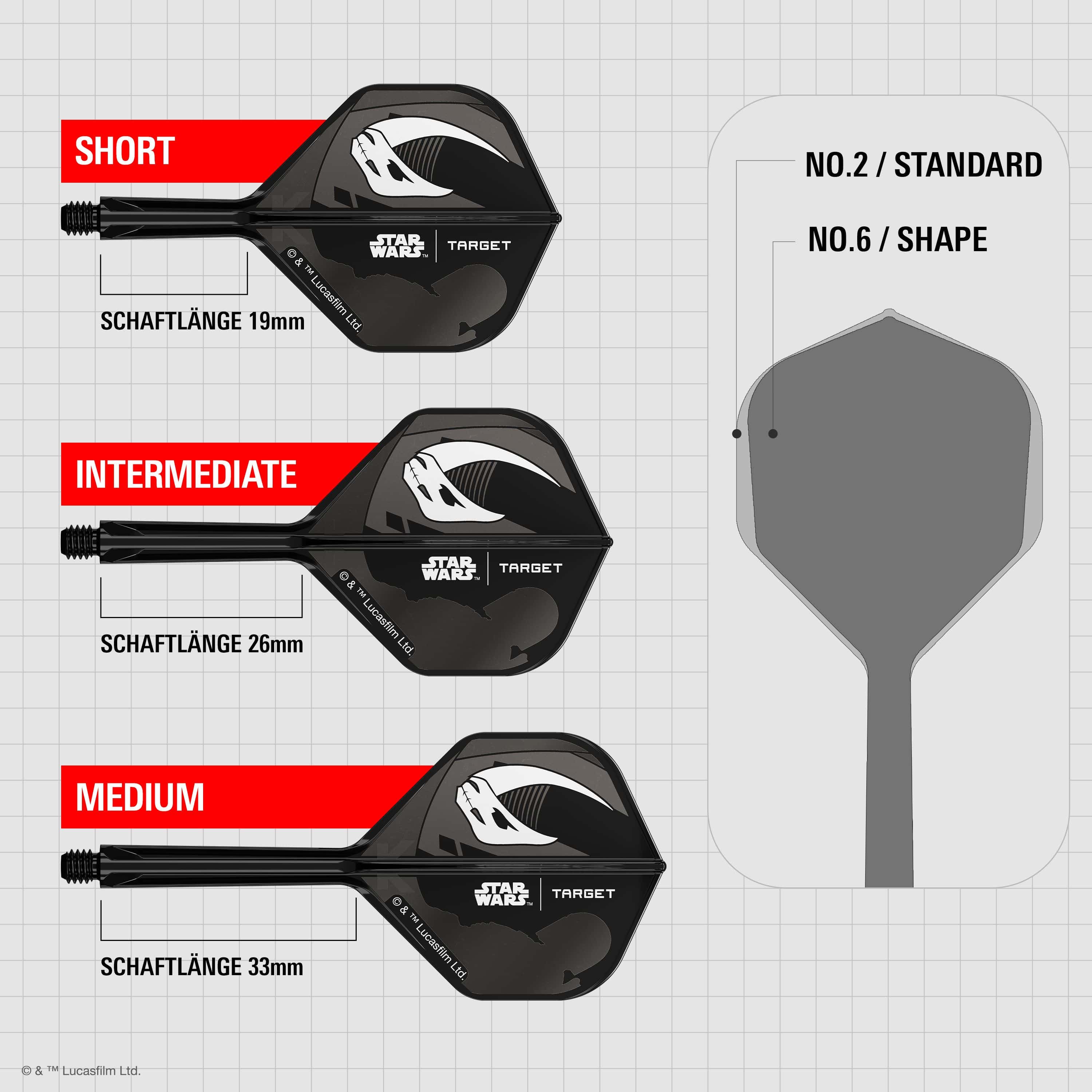 Target Star Wars K-Flex-Set Mandalorian No2 Standard Flights Das Bild zeigt das Target Star Wars K-Flex-Set Mandalorian No2 Standard Flights. Es handelt sich um zwei Dart Flights mit Mandalorian-Motiv aus Star Wars.
