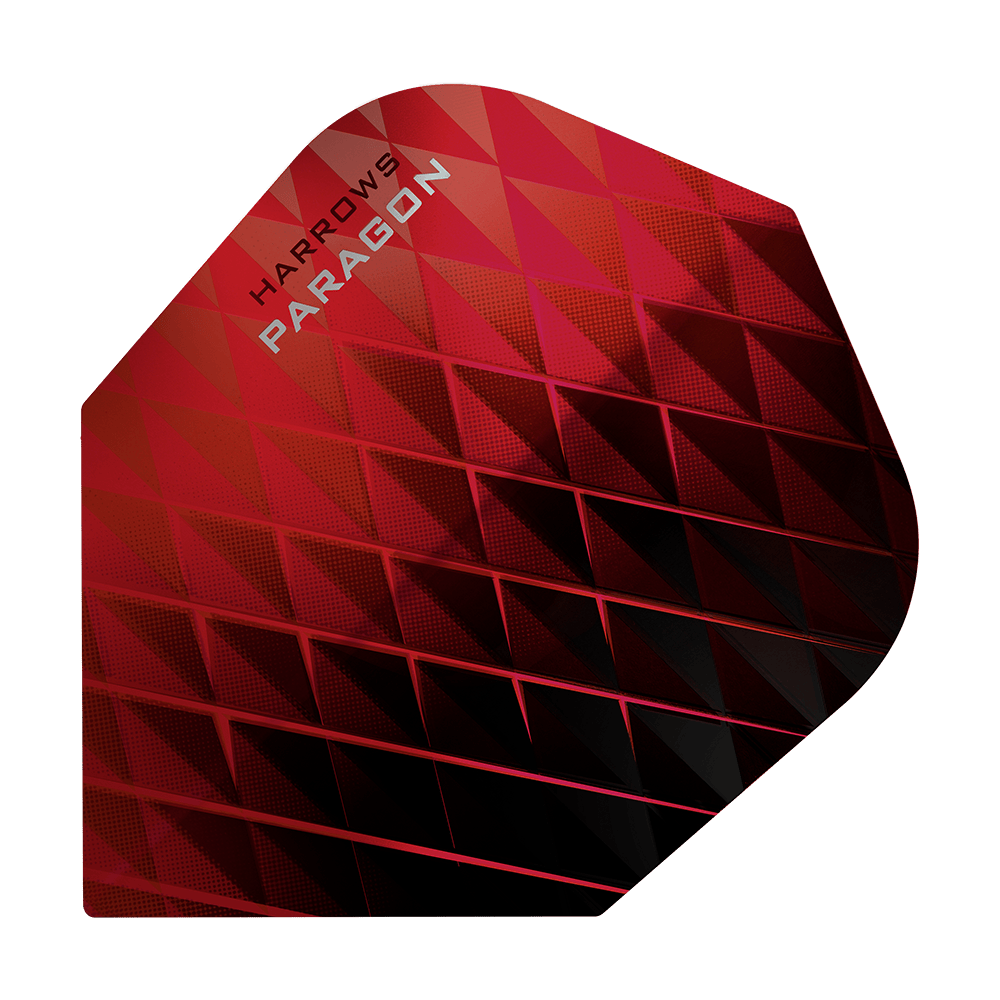 HR7602_Harrows_Paragon_Red_No2_Standard_Flights_1 Das Bild zeigt ein rotes Dart-Flight mit dem Namen "Harrows Paragon". Das Flight hat ein geometrisches Muster und die Worte "Harrows Paragon" sind oben links zu sehen.
