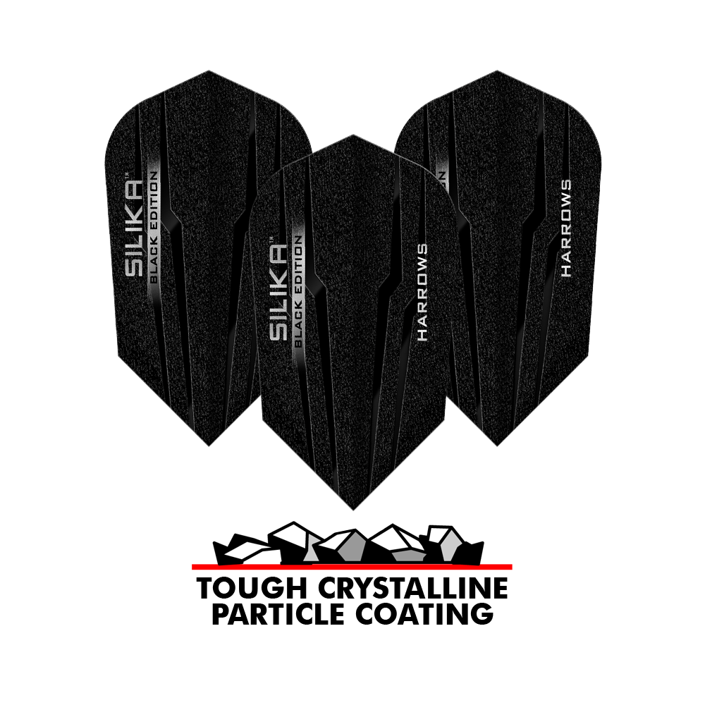 Harrows Silika Black-Edition Slim Flights Auf dem Bild sind die Harrows Silika Black-Edition Slim Flights zu sehen. Unten steht der Text „TOUGH CRYSTALLINE PARTICLE COATING“ mit einer Grafik von Kristallen darüber.