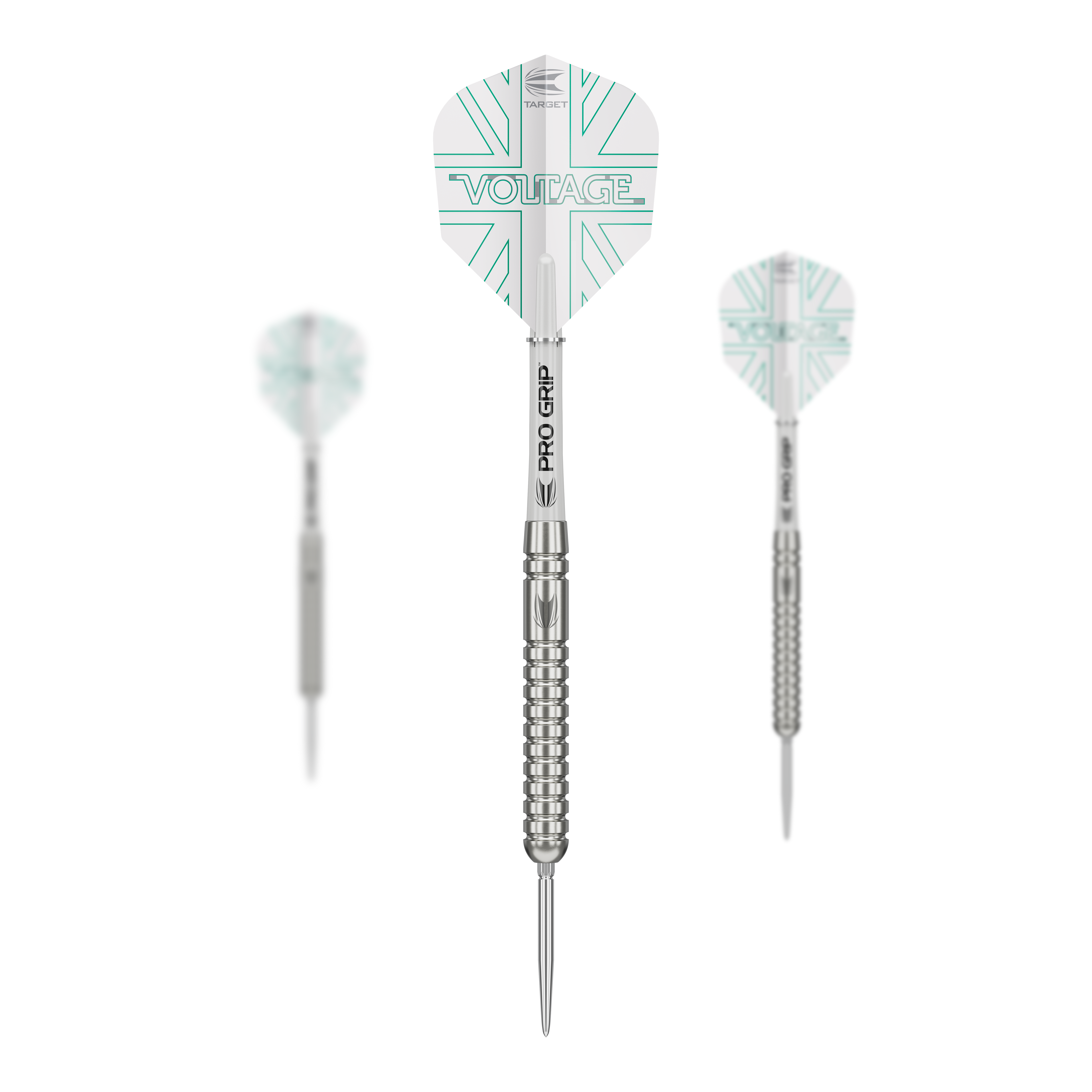Das Bild zeigt drei Steeldarts der Marke "Target Rob Cross Voltage Swiss Point". Die Darts haben silberne Spitzen und Schäfte sowie weiße Flights mit türkisen Linien und der Aufschrift "VOLTAGE".