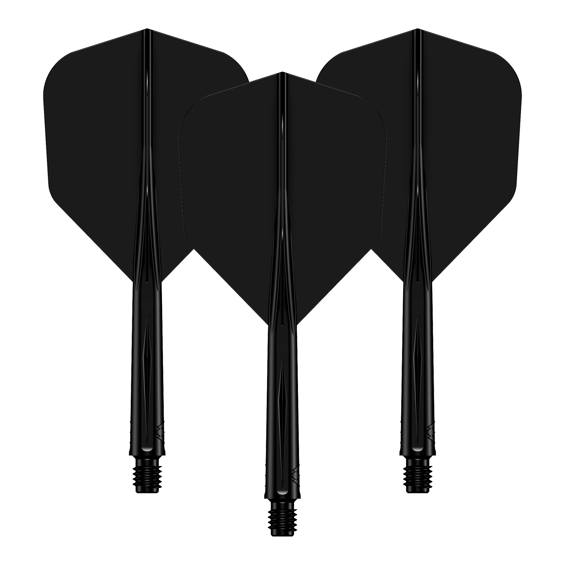 Das Bild zeigt drei schwarze Dart-Flights mit daran befestigten Schäften. Sie sind nebeneinander angeordnet und haben ein schlichtes, einfarbiges Design.