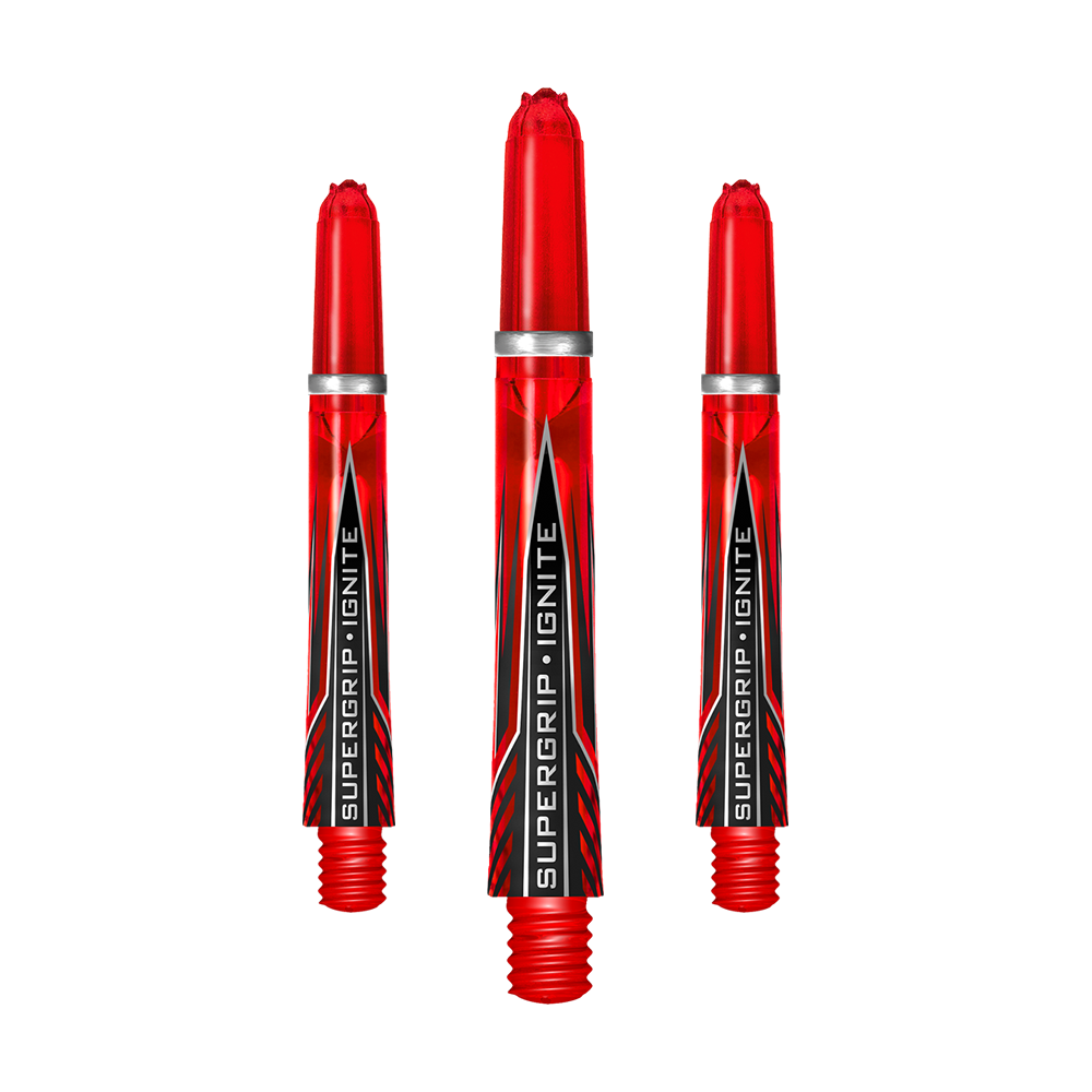 HR384_Harrows_Supergrip_Ignite_Shafts_Rot_40mm_1qX96WPAHn0Qtn Das Bild zeigt drei rote Harrows Supergrip Ignite Shafts für Dartpfeile. Auf jedem Shaft steht der Schriftzug „SUPERGRIP IGNITE“.