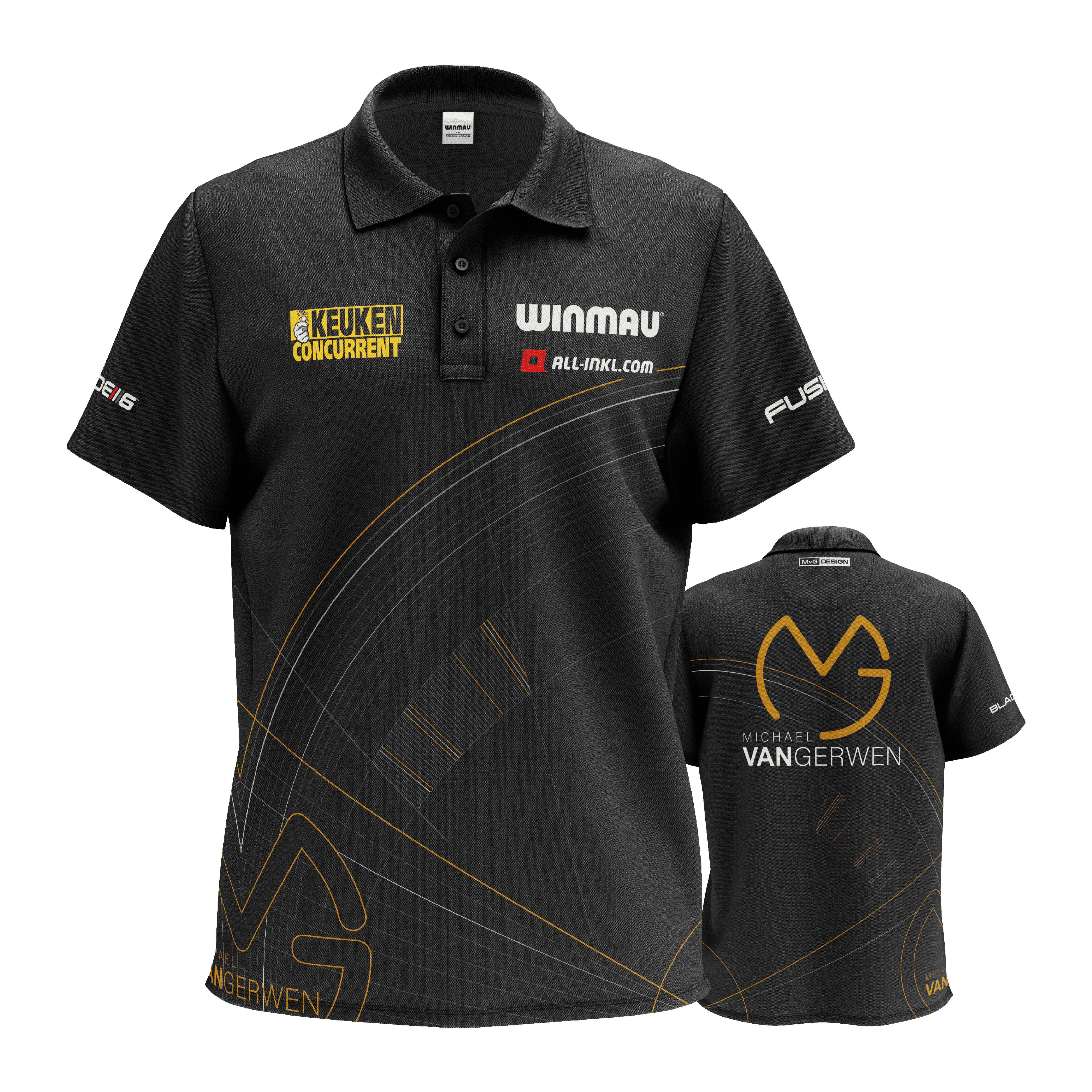 Das Bild zeigt ein schwarzes Dartshirt mit verschiedenen Sponsorenlogos und dezenten goldenen Linien. Auf der Rückseite steht groß der Name "Michael van Gerwen" zusammen mit einem Logo.