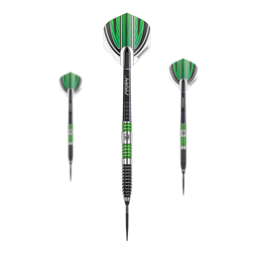 Winmau Daryl Gurney Special Edition Steeldarts Das Bild zeigt drei Winmau Daryl Gurney Special Edition Steeldarts. Die Darts haben schwarze und grüne Details und sind mit Flights mit grünem Muster ausgestattet.