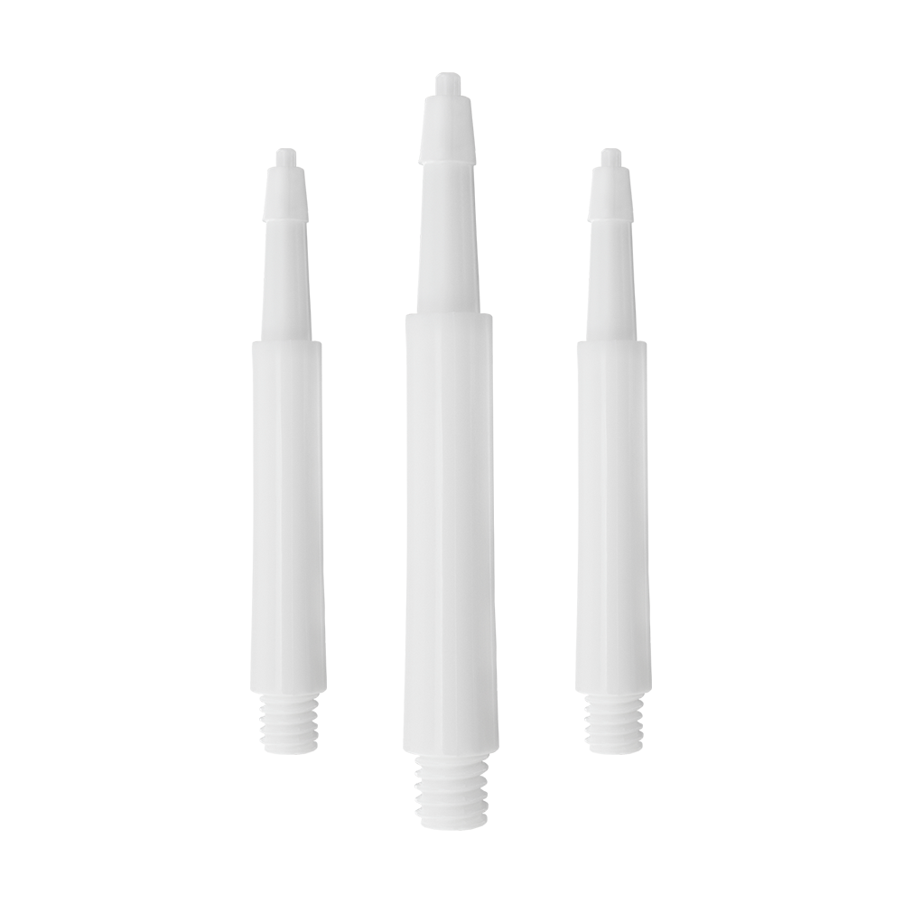 HRC12619W_Harrows_Clic_Standard_Shafts_Weiss_37mm_1 Das Bild zeigt drei weiße Harrows Clic Standard Shafts für Darts. Sie sind nebeneinander auf weißem Hintergrund angeordnet.