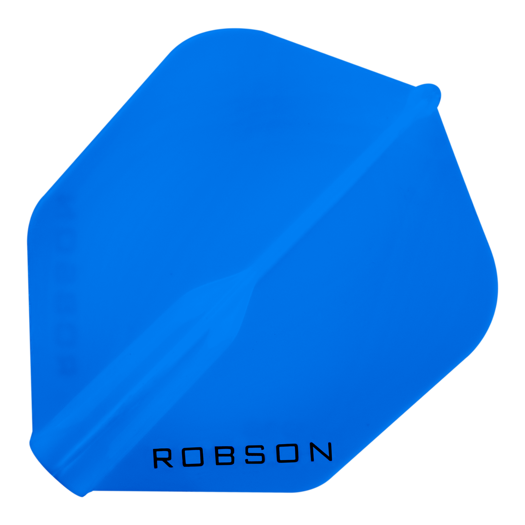 Das Bild zeigt ein blaues Dartflight mit der Aufschrift "ROBSON" am unteren Rand. Das Flight hat eine abgerundete, fast quadratische Form.