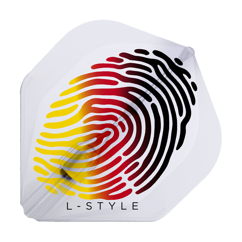 LSF617_L-Style_Gabriel_Clemens_V4-A_L1EZ_Flights_1 Das Bild zeigt ein Dartflight mit einem Fingerabdruck-Design in den Farben Schwarz, Rot und Gelb. Unten steht der Text „L-Style“.