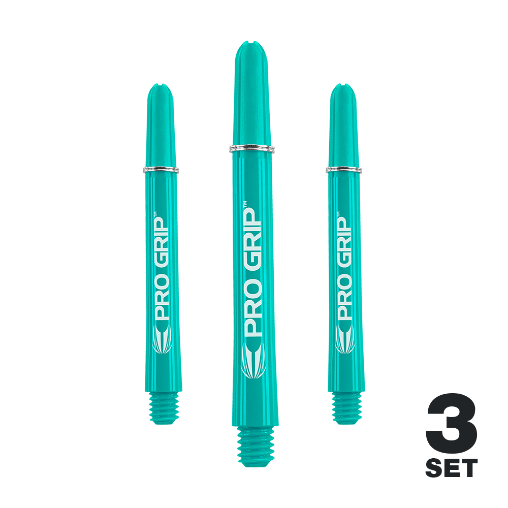 Das Bild zeigt drei aqua-blaue Pro Grip Shafts für Darts, die nebeneinander stehen. In der unteren rechten Ecke steht "3 SET".