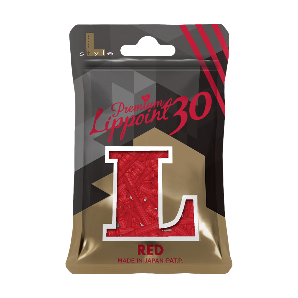 LIP45_L-Style_Premium_Lippoints_30_Softdartspitzen_30erPack_Rot_3 Die Abbildung zeigt eine Packung mit 30 roten Softdartspitzen der Marke L-Style. Auf der Verpackung steht "Premium Lippoint 30" und "RED Made in Japan".