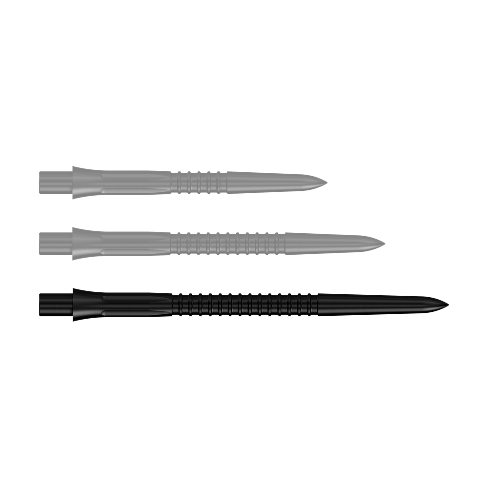 Mission Caliburn EVO Dartspitzen GV1 - Schwarz Abgebildet ist eine einzelne schwarze Steeldartspitze in 38mm Länge. Das Produkt stammt aus der Serie Mission Caliburn EVO GV1.