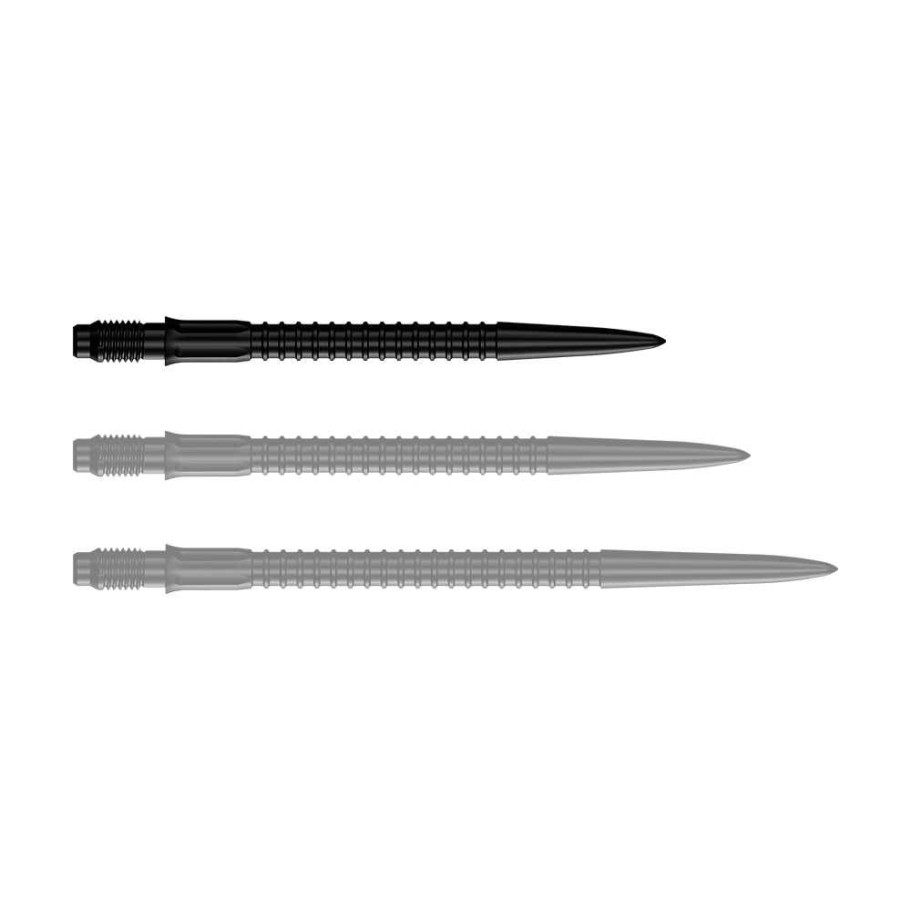 Mission R2.5 Rapid Point GV1 Dartspitzen - Schwarz Auf dem Bild sind schwarze Dartspitzen dargestellt. Diese Dartspitzen sind 30 mm lang.