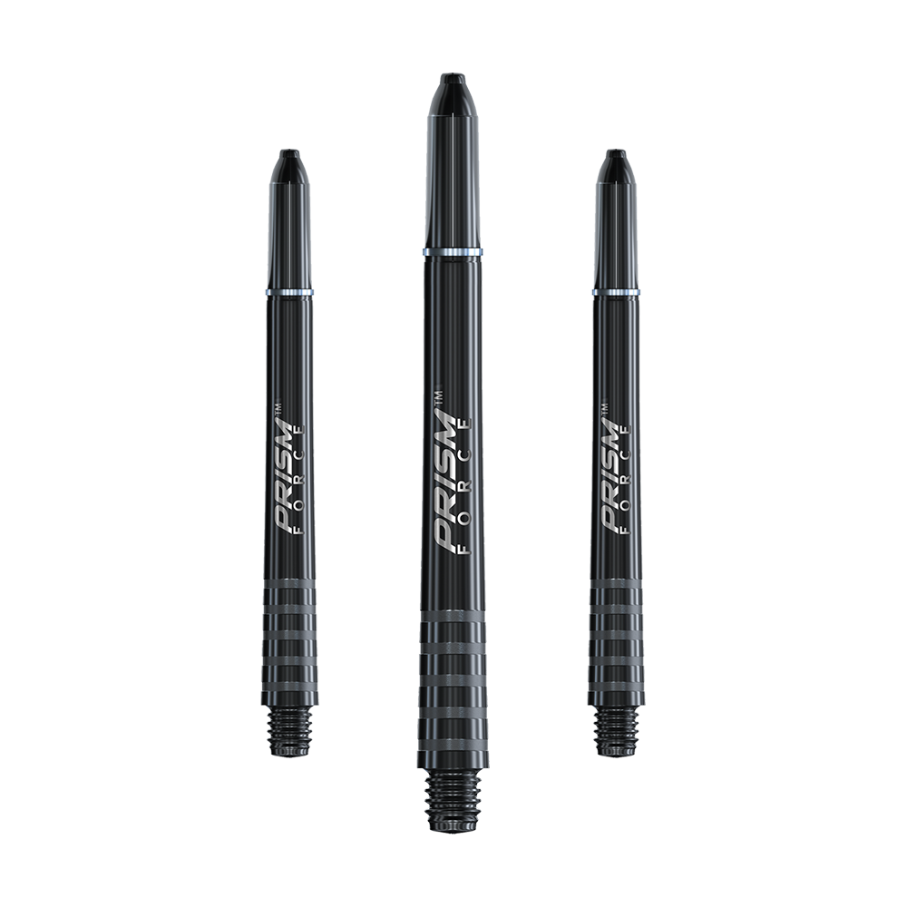 7020-201_Winmau_Prism_Force_Shafts_Schwarz_48mm_1 Das Bild zeigt drei schwarze Dart-Schäfte mit der Aufschrift „Prism Force“. Sie sind senkrecht ausgerichtet und unterschiedlich groß dargestellt.