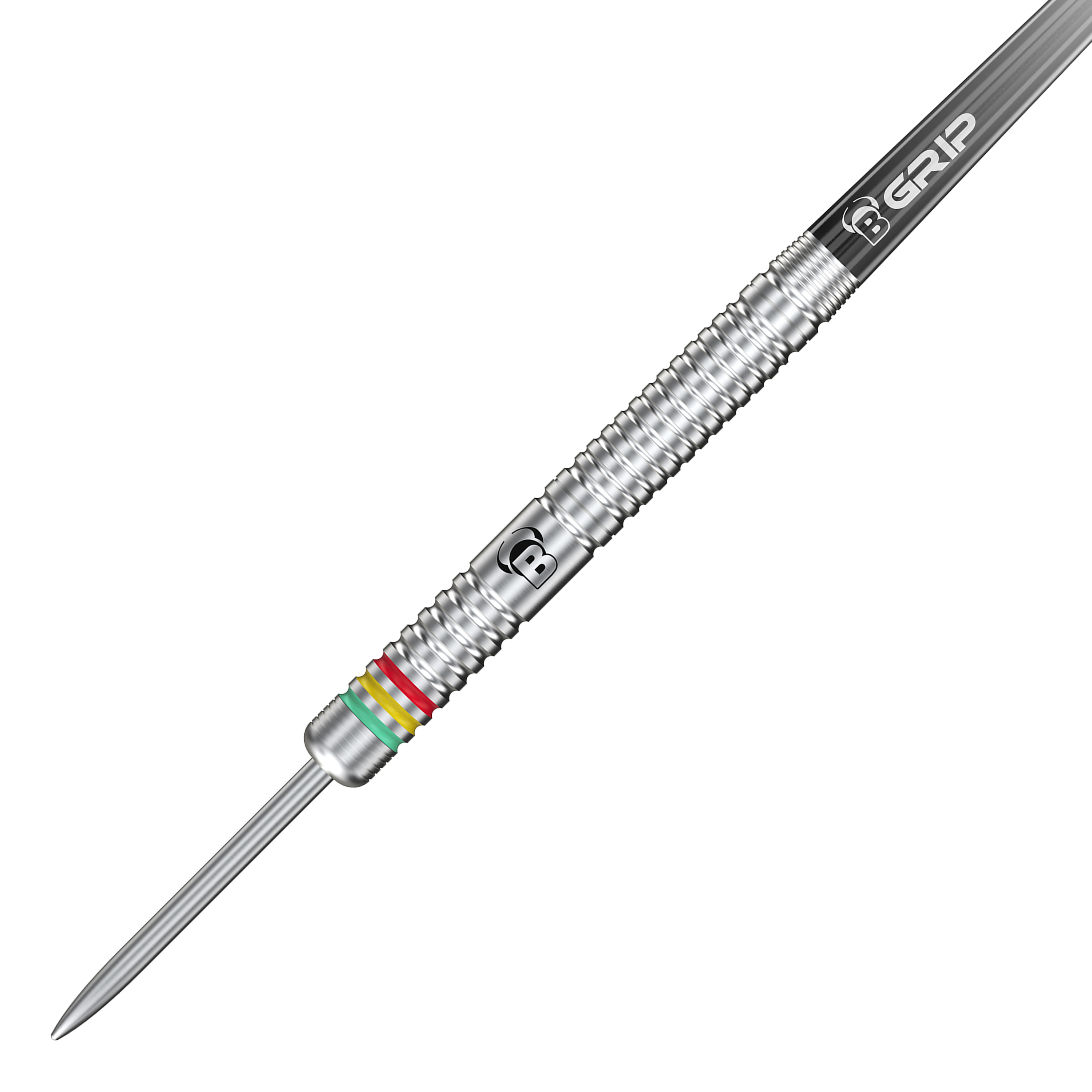 Bulls Martijn Dragt Steeldarts - 24g Das Bild zeigt einen silbernen Steeldart mit Rillen und bunten Ringen nahe der Spitze. Auf dem Dart steht "B GRIP" und es handelt sich um das Modell "Bulls Martijn Dragt Steeldarts - 24g".