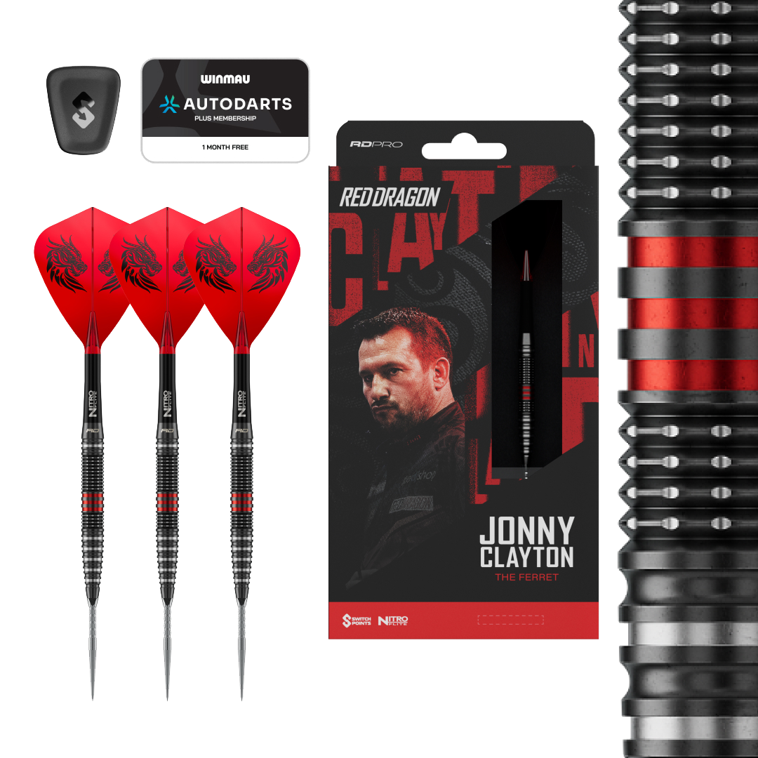 Red Dragon Jonny Clayton RD-PRO Switch Point Steeldarts Dieses Bild zeigt die Red Dragon Jonny Clayton RD-PRO Switch Point Steeldarts. Die Darts liegen auf einem hellen Hintergrund.