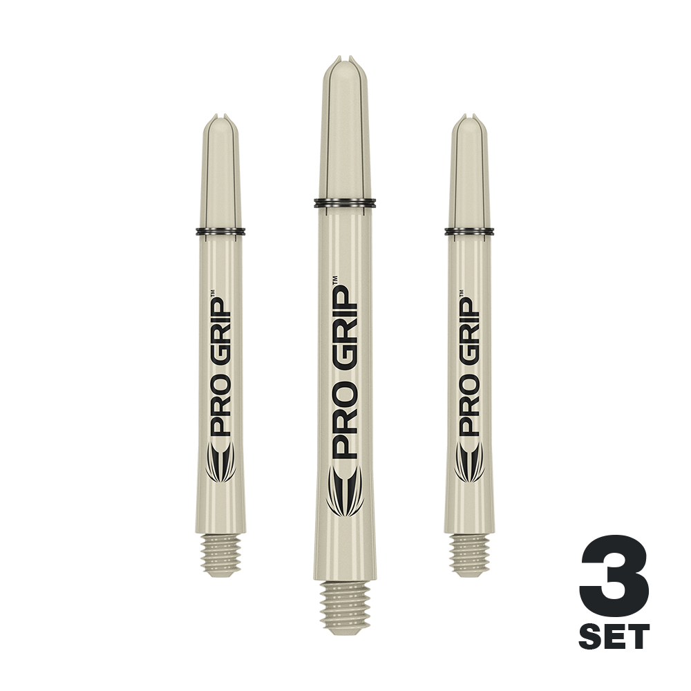 Auf dem Bild sind drei sandfarbene Pro Grip Dartschäfte zu sehen. Unten rechts steht "3 Set", was auf ein Set aus drei Stück hinweist.