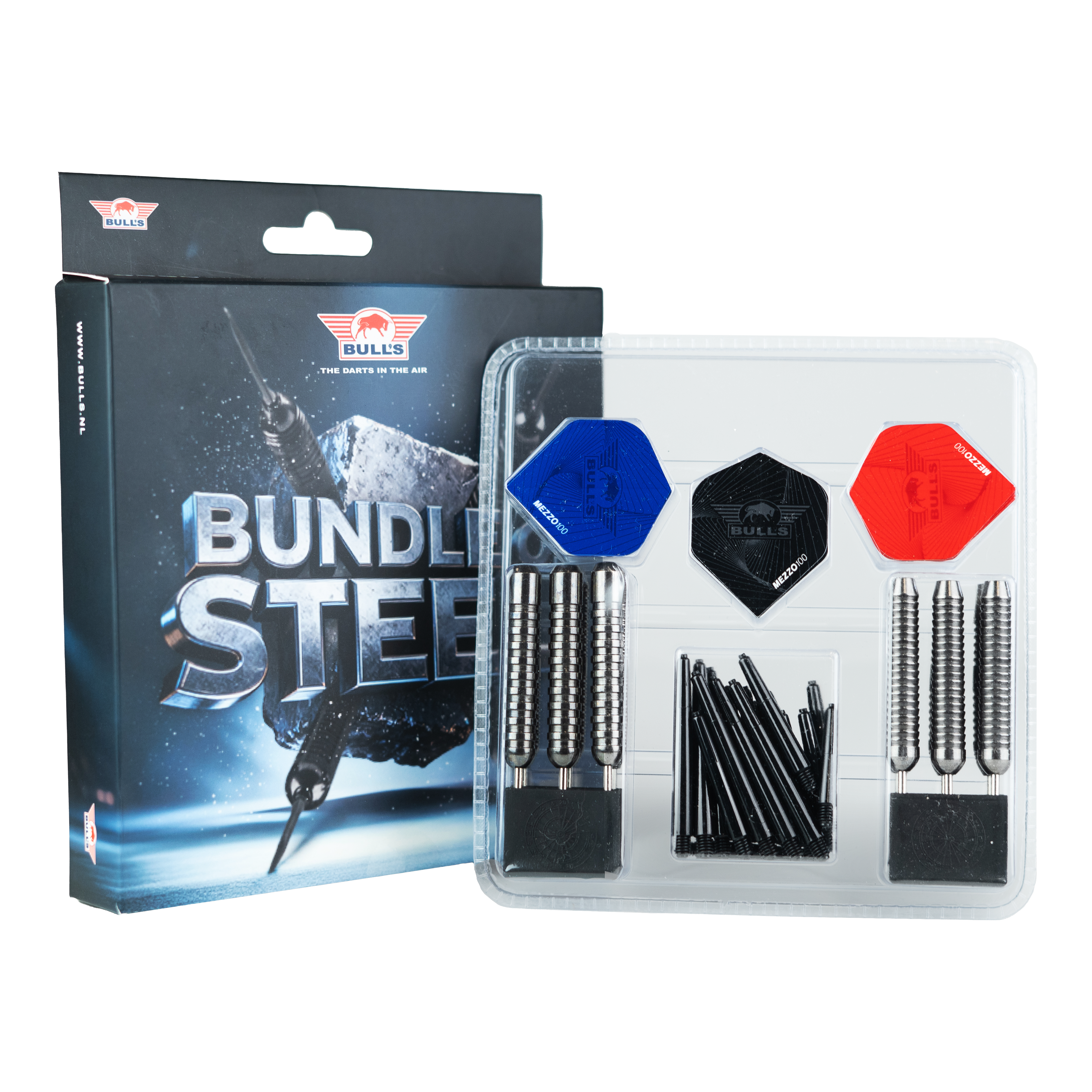 Das Bild zeigt das Produkt Bulls NL Bundle Of Steel - 4 Sets Brass Steeldarts. Es handelt sich um ein Set aus vier Messing-Steeldart-Sets.