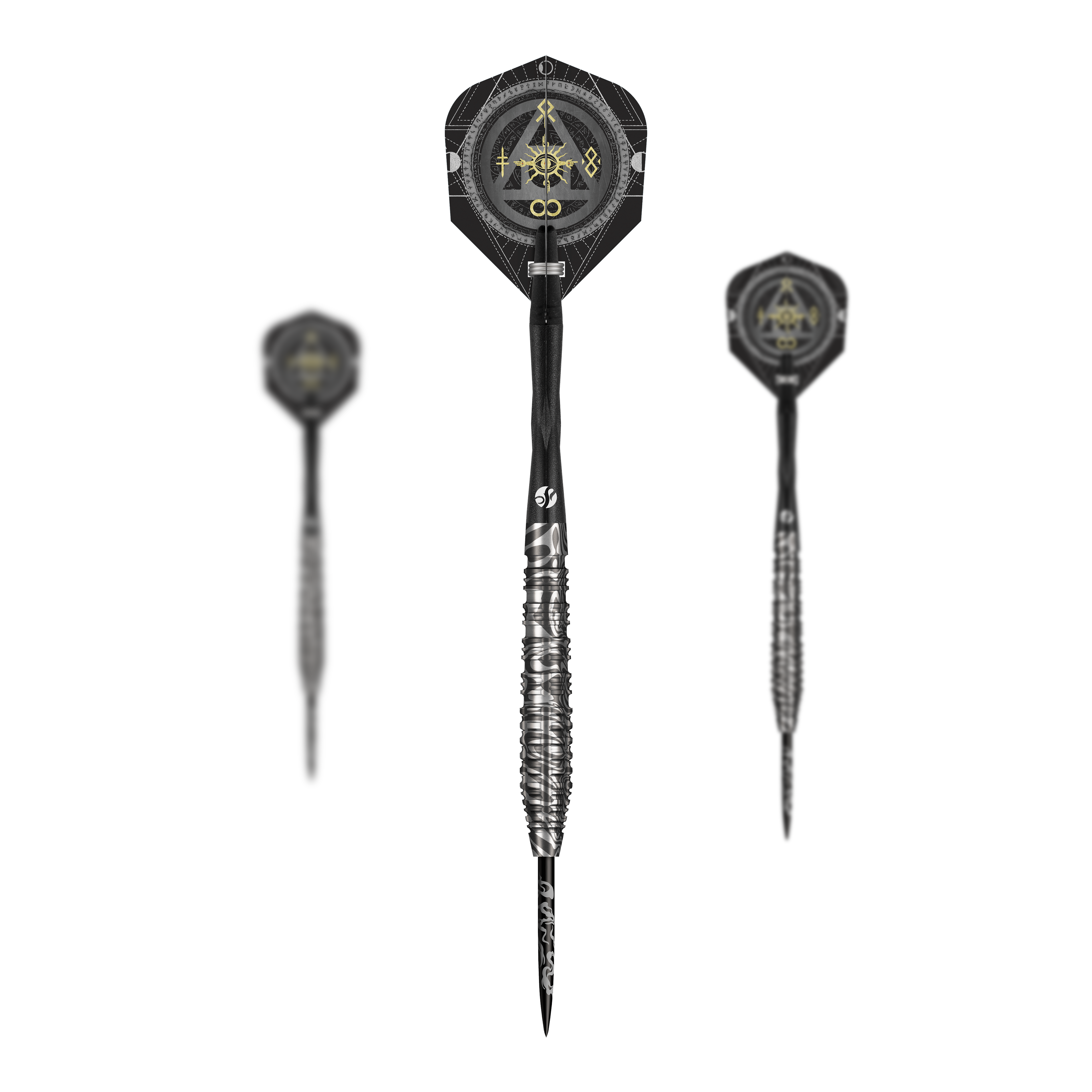 Das Bild zeigt das Set der Shot Alchemy Runstel Steeldarts. Es handelt sich um ein Set hochwertiger Steeldarts.