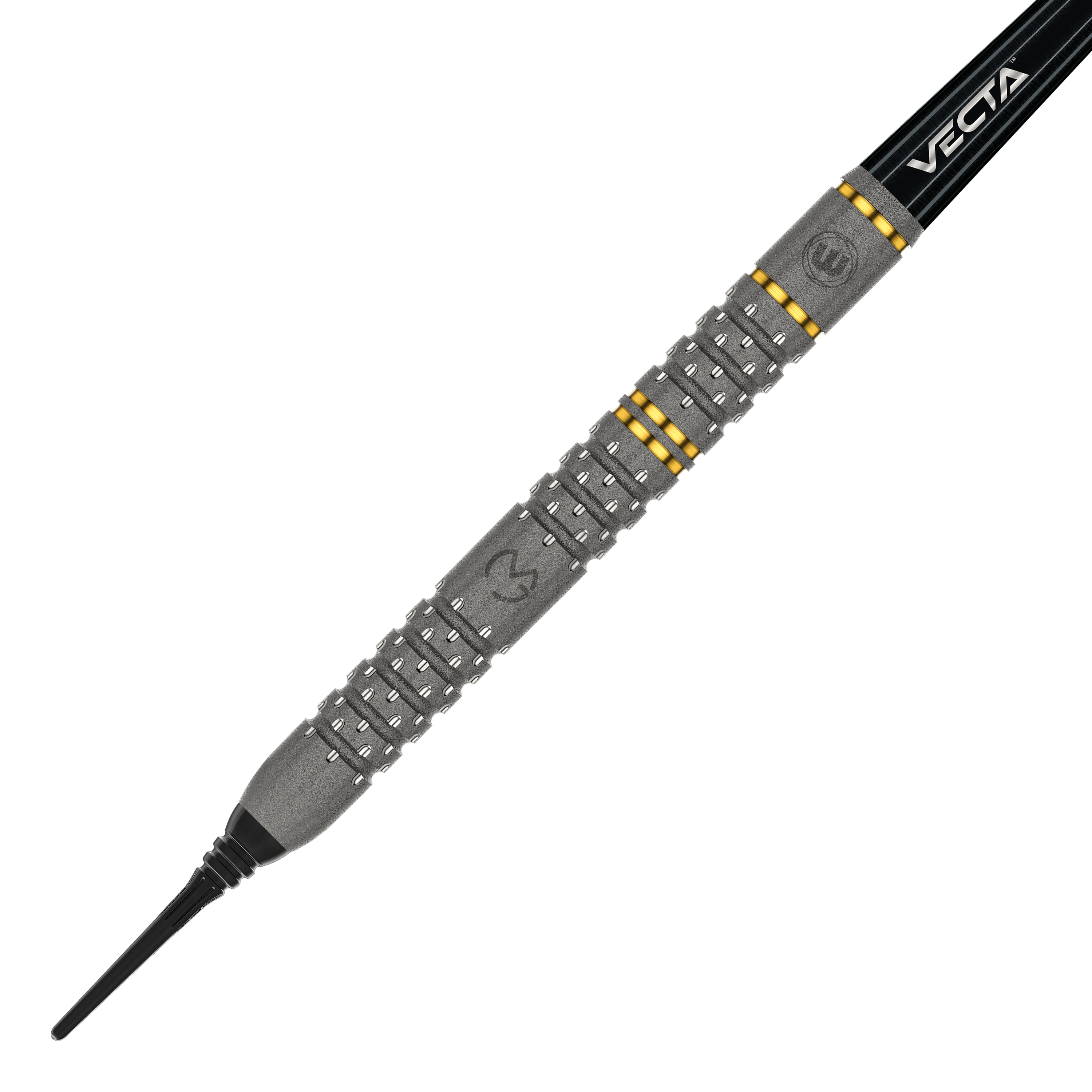 Das Bild zeigt einen Winmau Michael Van Gerwen Evo-X Softdart mit einem Gewicht von 20 Gramm. Der Dart hat ein markantes Design mit silbernen und goldenen Akzenten sowie der Aufschrift "VECTA".
