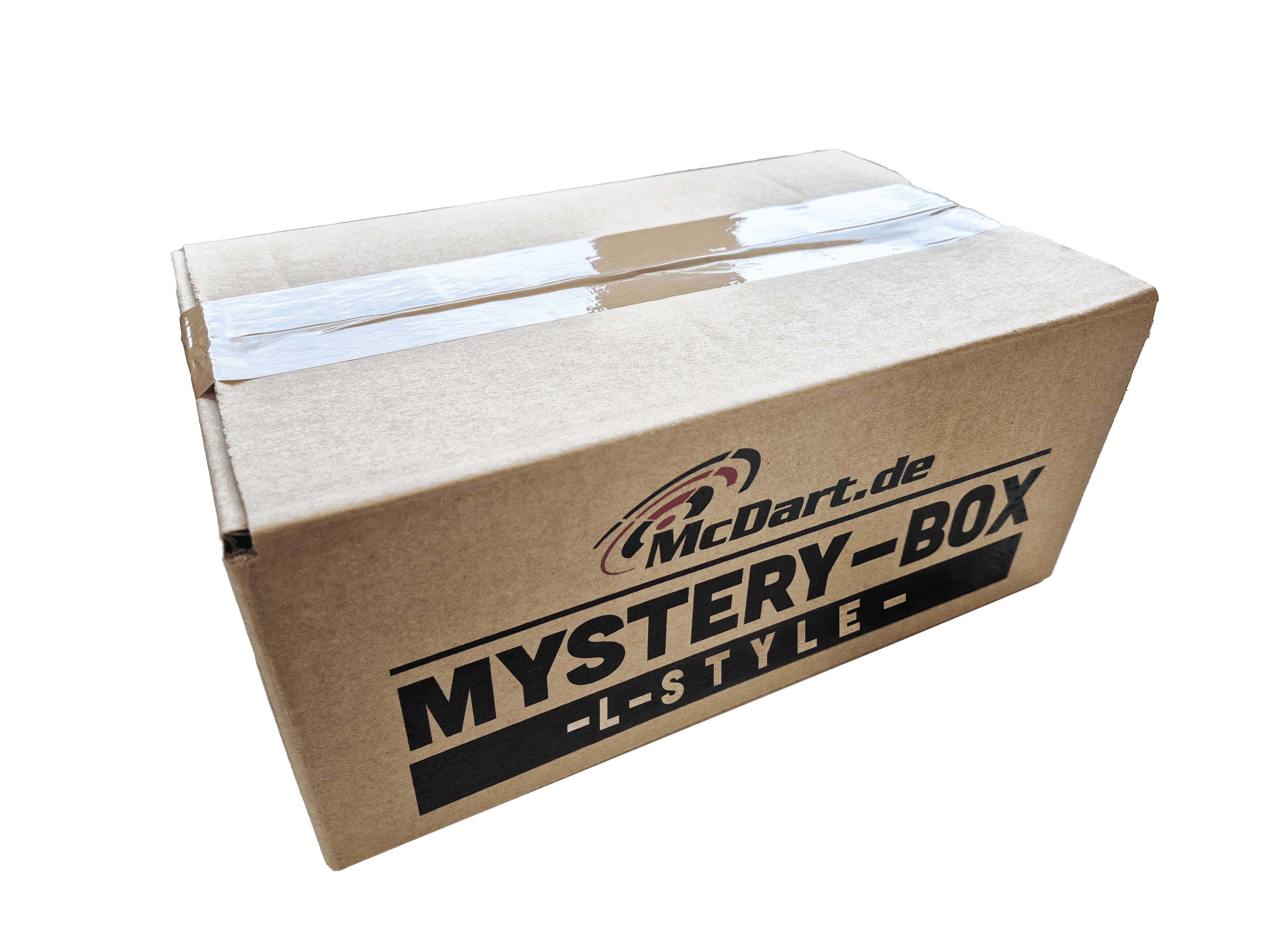 McDart Mystery-Box - L-Style Auf dem Bild ist ein brauner Karton mit der Aufschrift „McDart.de MYSTERY-BOX -L-STYLE-“ zu sehen. Die Box ist mit Klebeband verschlossen.