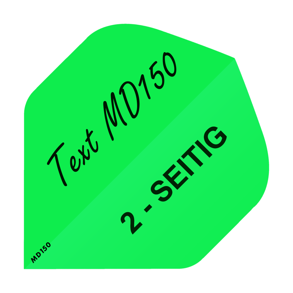 MD-203_2-Seitig_Bedruckte_Flights_Wunschtext_MD150_Neongr-n_Standard_1 Das Bild zeigt ein neon-grünes Quadrat mit dem Text „Text MD150“ und „2-SEITIG“ darauf. In der unteren linken Ecke steht klein „MD150“.