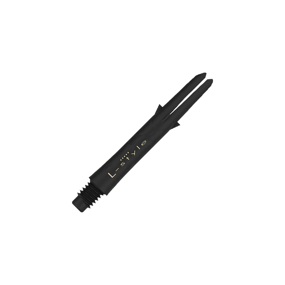 Dies ist ein schwarzer Carbon-Schaft für Darts der Marke L-Style. Der Schaft hat eine Länge von 35,5 mm und wird ohne Kappen gezeigt.