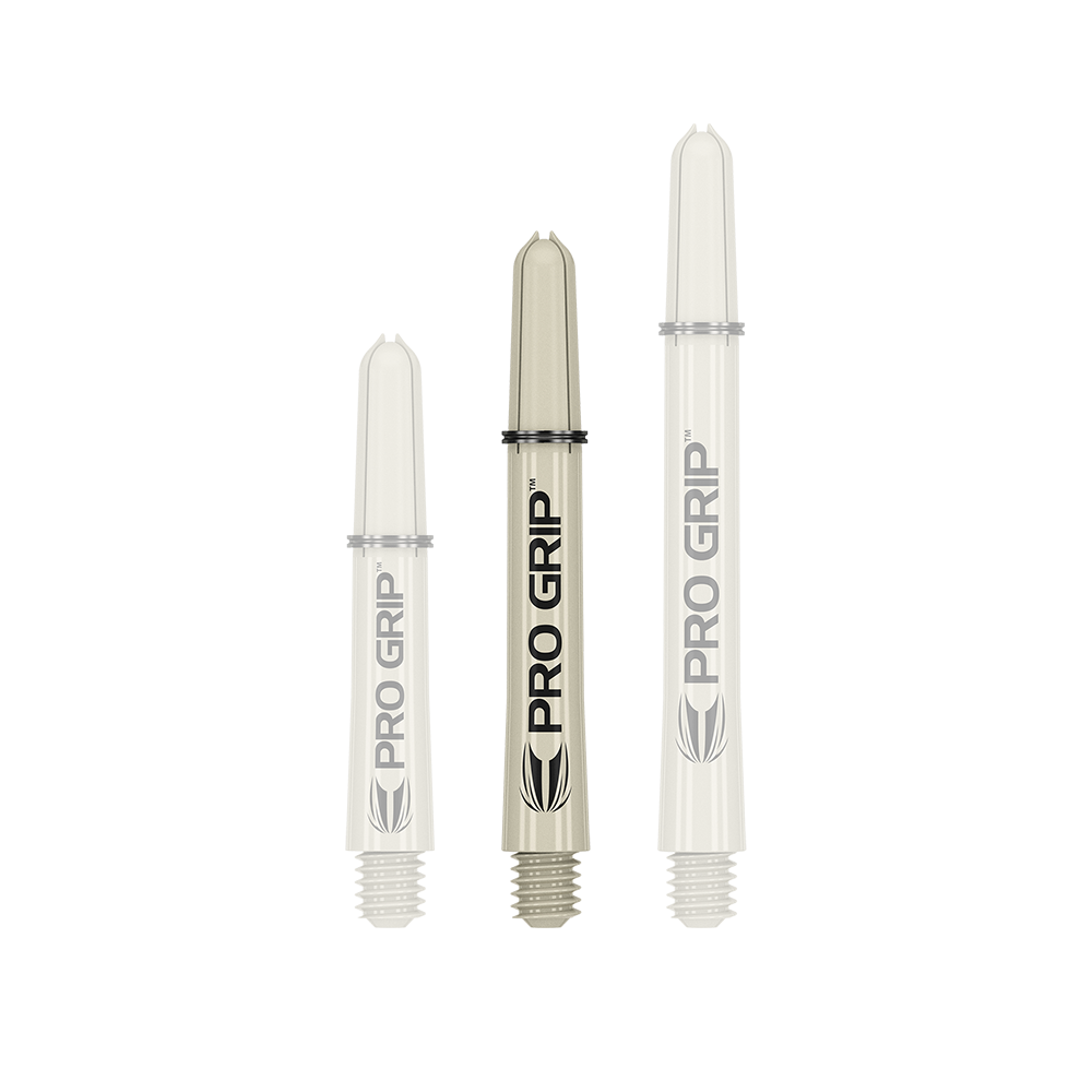 Das Bild zeigt drei Target Pro Grip Shafts in der Farbe Sand. Sie sind in unterschiedlichen Längen angeordnet und tragen die Aufschrift "PRO GRIP".