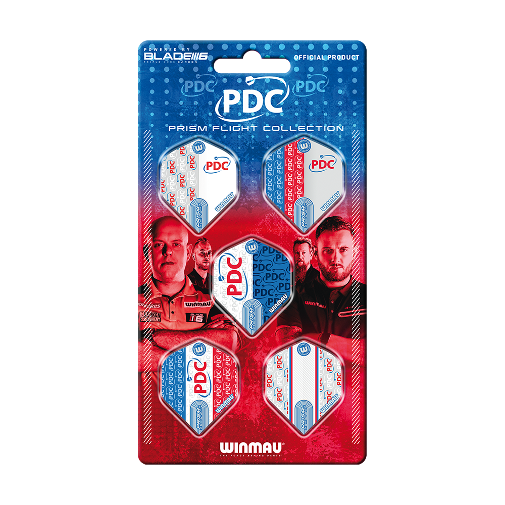 Winmau PDC Prism Flight Collection Das Bild zeigt die "Winmau PDC Prism Flight Collection", eine offizielle Sammlung von Dart-Flights. Die Verpackung ist blau-rot gestaltet und zeigt fünf verschiedene Flights sowie Bilder von Dartspielern.