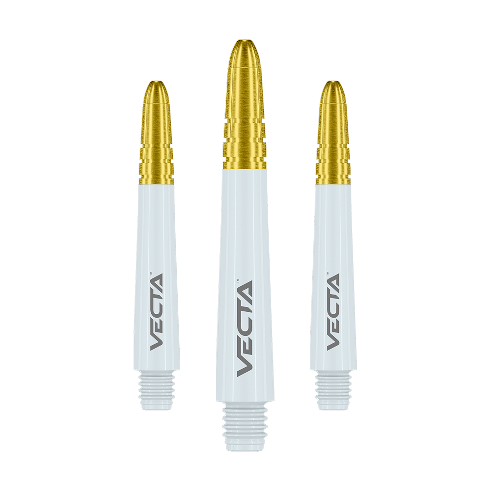 Das Bild zeigt drei Dartschafts mit weißen Körpern und goldfarbenen Spitzen. Auf jedem Schaft steht das Wort "VECTA".