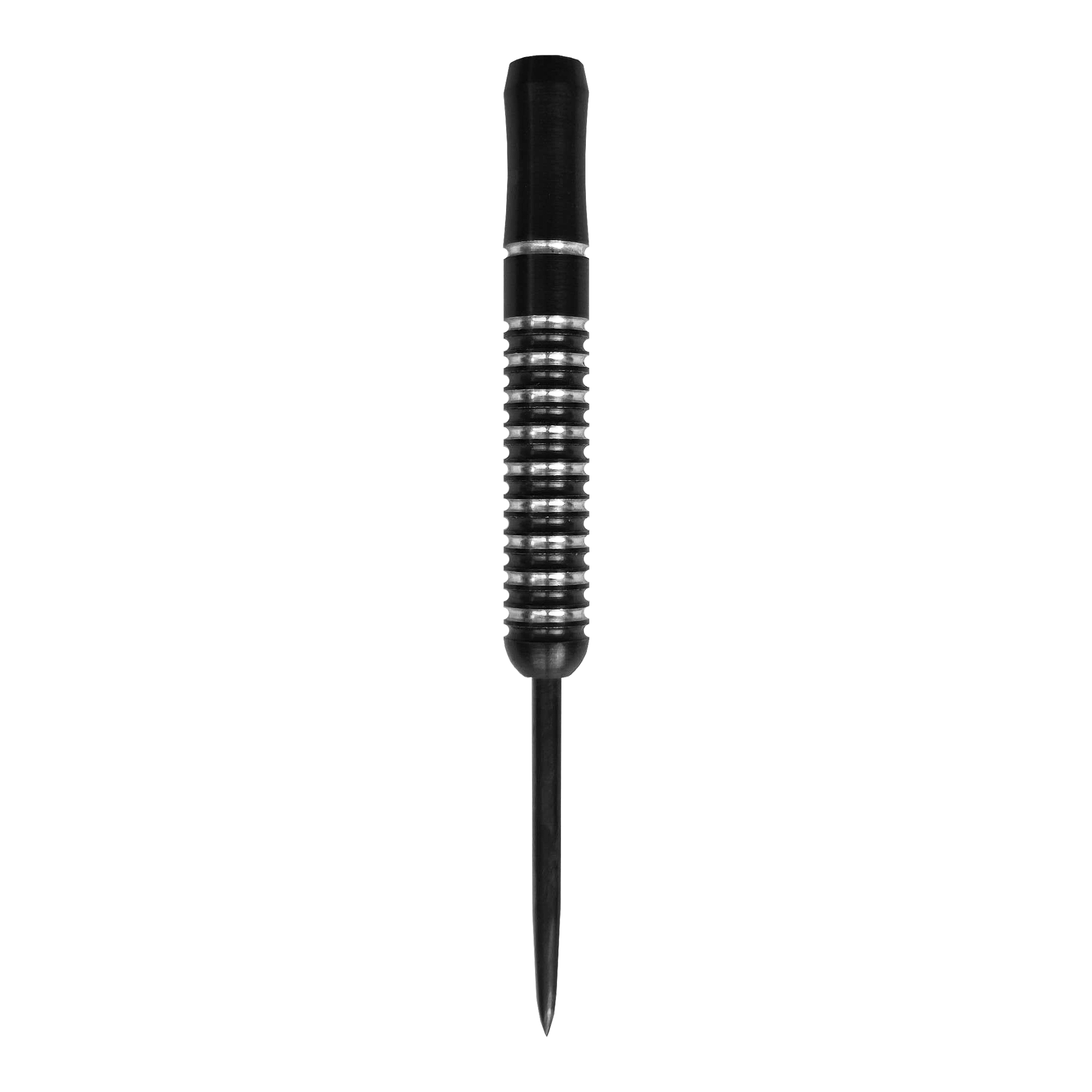 McDart Void Steeldart Barrels - 23g Das Bild zeigt einen McDart Void Steeldart Barrel mit einem Gewicht von 23g. Der Dart hat ein schwarz-silbernes Rillenmuster und eine spitze Metallspitze.