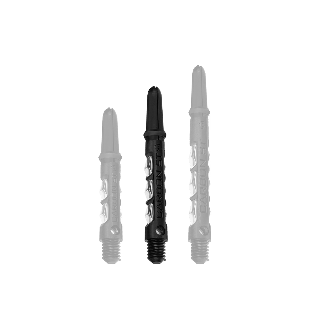 HR417_Harrows_Carbon_ST_Shafts_Clear_40mm_1 Das Bild zeigt drei Harrows Carbon ST Shafts in transparenter Ausführung. Die Dart-Schäfte sind unterschiedlich lang und aus robustem Material gefertigt.