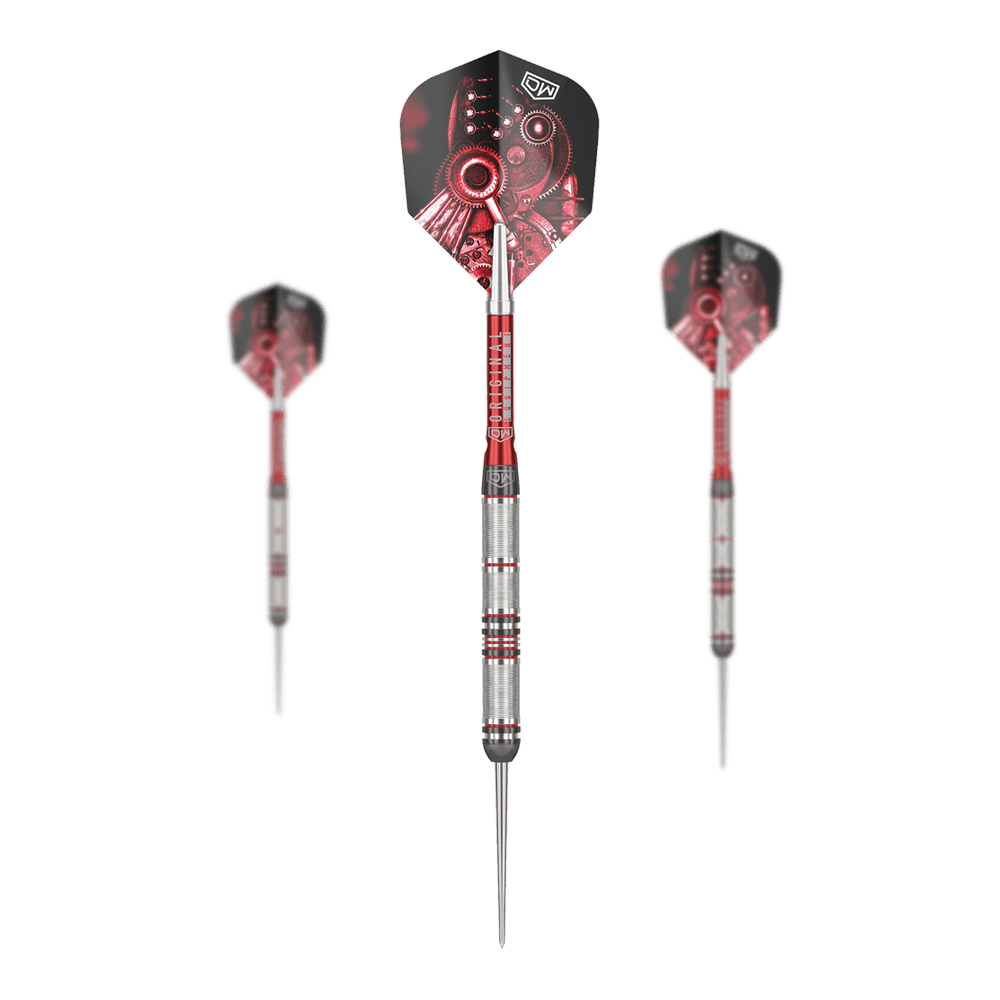 DW Piranha Razor 01 Steeldarts Das Bild zeigt drei Steeldarts des Produkts "DW Piranha Razor 01". Die Darts haben silberne Griffe mit roten Akzenten und Flights mit einem roten Zahnrad-Motiv.